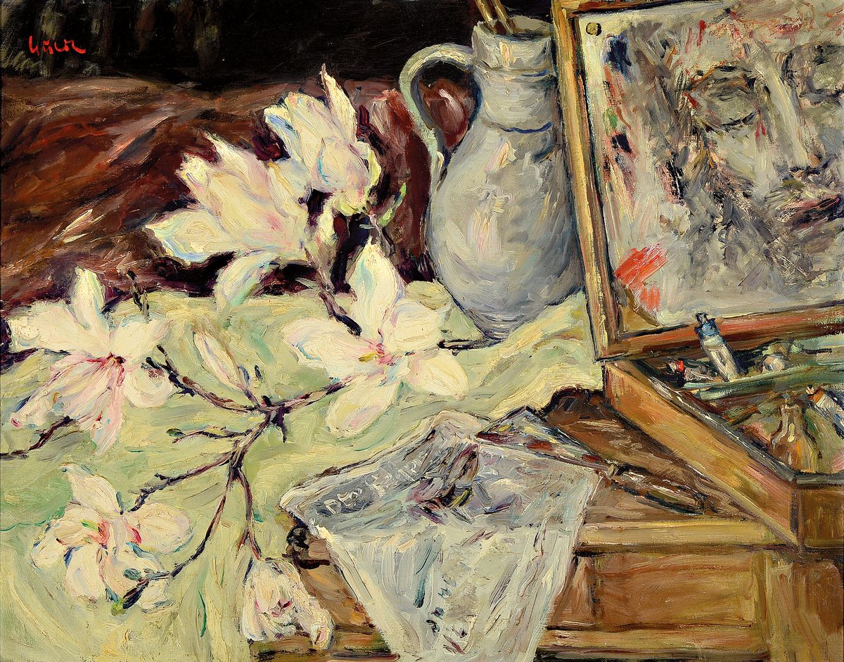 Gustav Gulde, 1906 Ludwigshafen-1953, Stillleben mit Krug, Magnolien und Farbkasten, Öl/Spanplatte, links oben signiert, ca. 65x 82cm, R. ca. 80x96cm