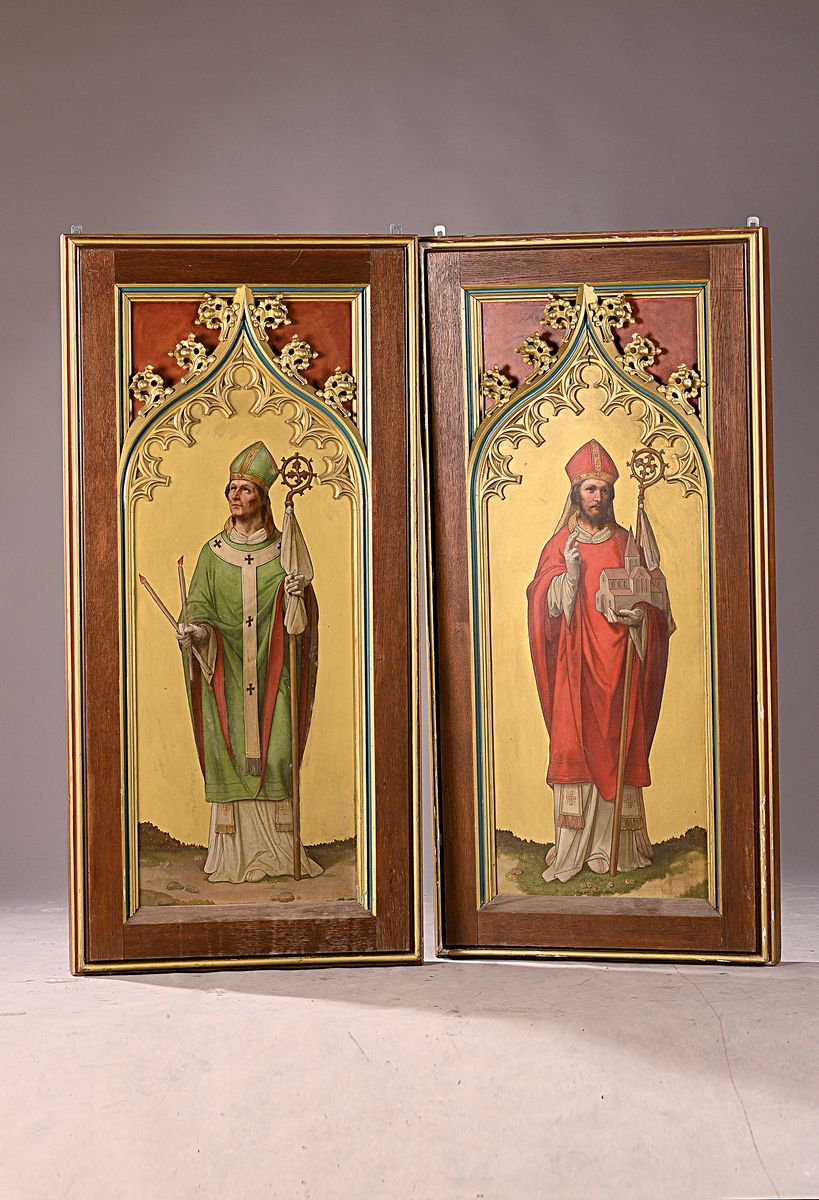 Detail k: Unbekannter Künstler des 19. Jh., zwei Heiligen- oder Stifterbilder, Öl/Holz, Bischof mit Kirchenmodell bzw. Bischof mit zwei gekreuzten Kerzen, ...