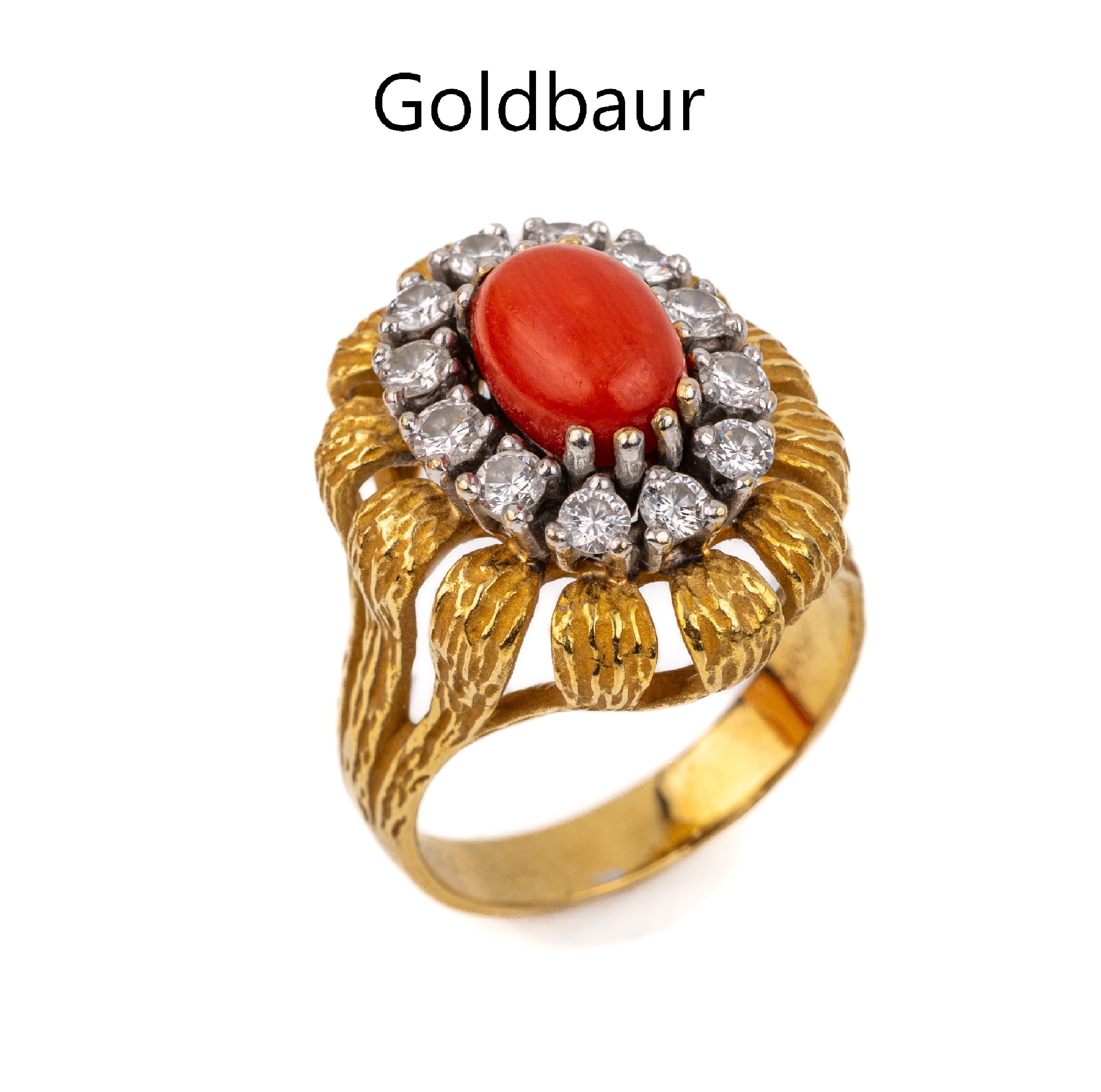 18 kt Gold Koralle-Diamant-Ring, GG 750/000, mittig ovaler Korallencabochon umgeben von 12 Diamanten zus. ca. 0.80 ct feines Weiß-Weiß/vvs, RW 55, ...