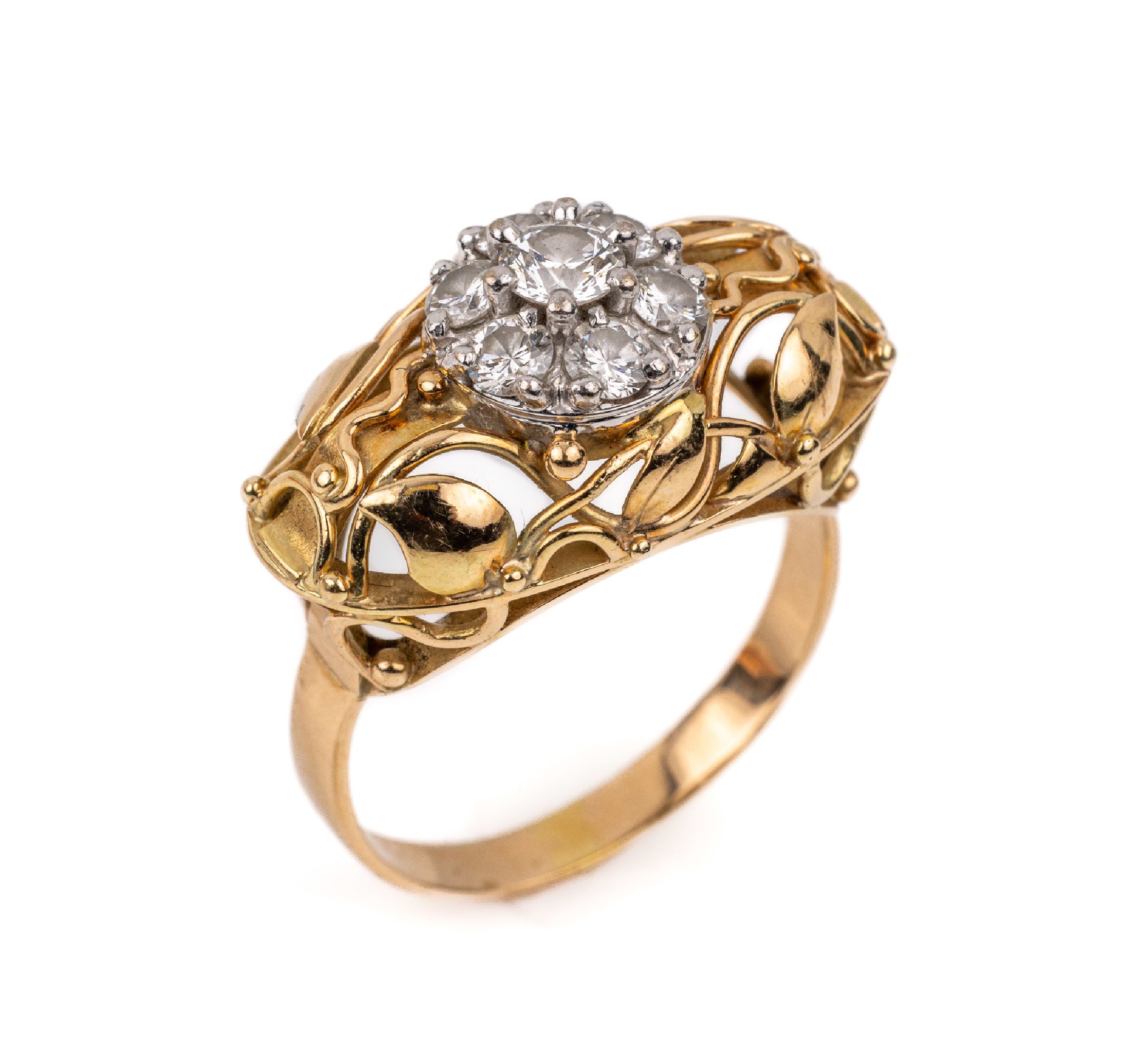 18 kt Gold Brillant-Ring, GG 750/000, (gepr.) 7 Brillanten in WG gefasst zus. ca. 0.80 ct feines Weiß-Weiß/vs, Ringkopf floral, RW 55, ca. 4.5 g