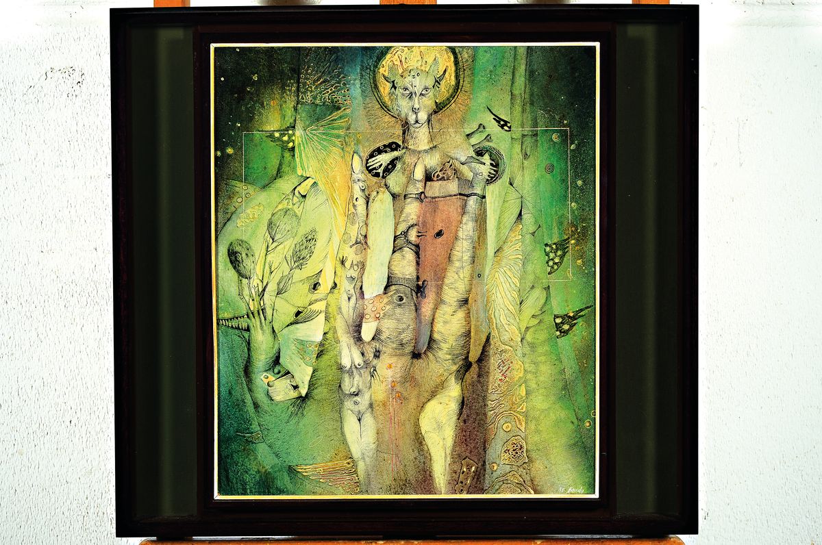 Pavel Bouda, geb. 1932 Tschechien, Figurative Komposition im phantastischen Realismus, Acryl/Holz, rechts unten signiert un dat. 89, ca. 39x33cm, R. ...