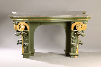 Image 26696479 - Table, base made from two cheeks of an altar or church piece of furniture, 19th century, richly carved with volutes and acanthus leaves, painted in green and gold, joined together with an arch, a marble top made to match, four-fold curved and with beveled corners, height approx. 86cm, B. approx. 160cm, T. approx. 115cm, condition 2-3
