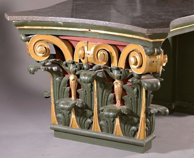 26696479a - Table, base made from two cheeks of an altar or church piece of furniture, 19th century, richly carved with volutes and acanthus leaves, painted in green and gold, joined together with an arch, a marble top made to match, four-fold curved and with beveled corners, height approx. 86cm, B. approx. 160cm, T. approx. 115cm, condition 2-3