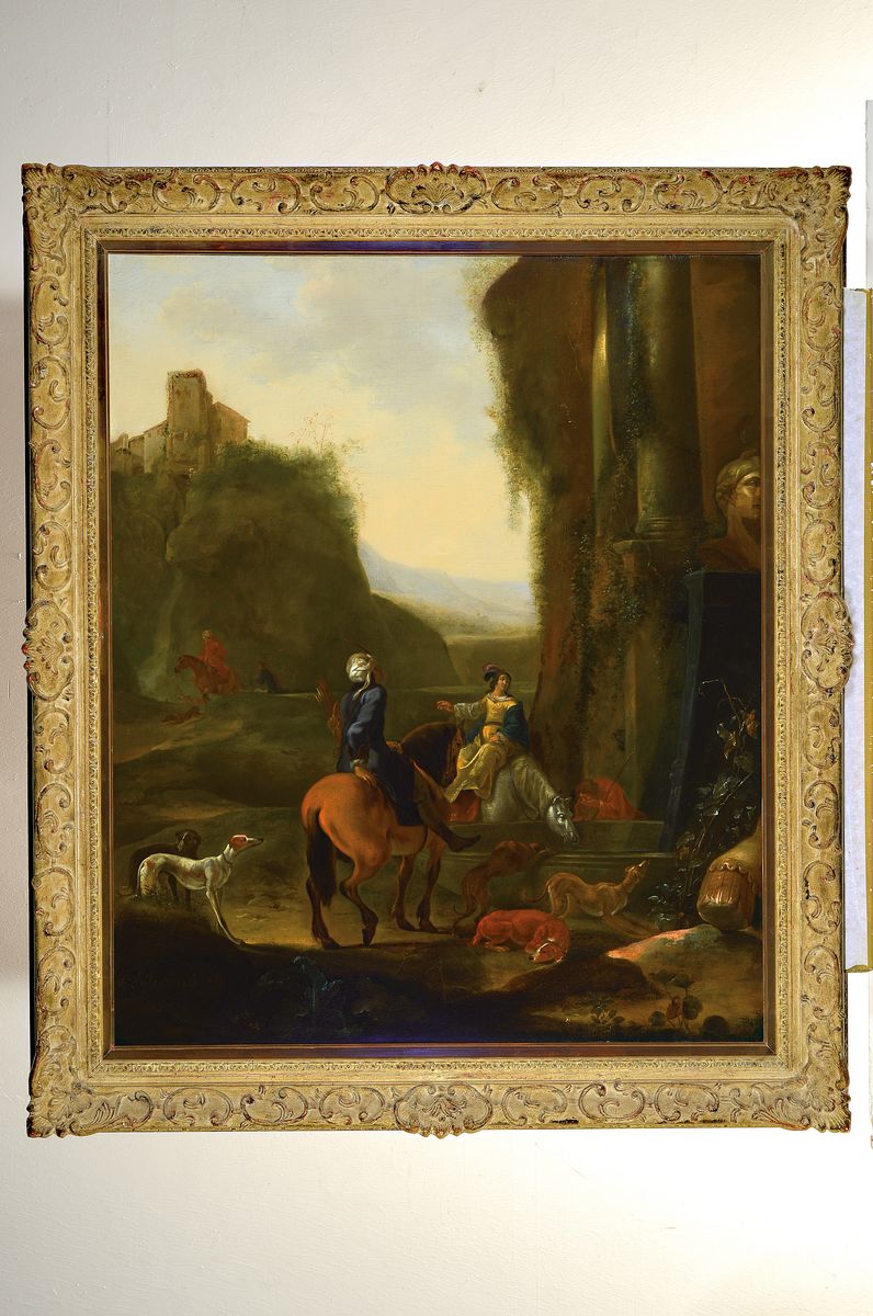 Detail k: Abraham van Cuylenborch (auch Cuylenborgh oder Cuylenburg), Utrecht 1620-1658, Südliche Ruinenlandschaft mit Jagdgesellschaft bei der Rast, Öl/Lwd, ...