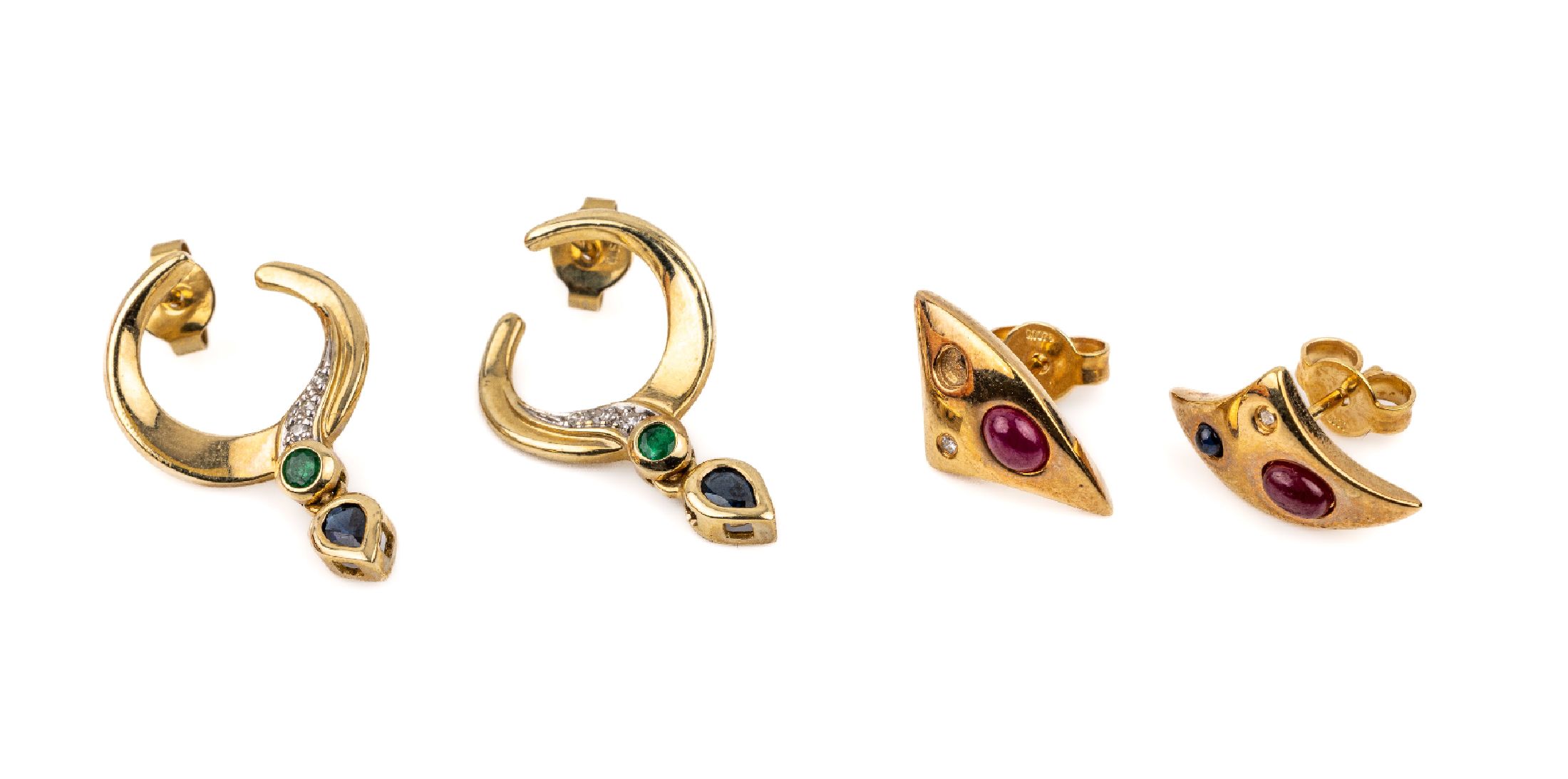 Konvolut 2 Paar 14 kt Gold Ohrstecker, GG 585/000, Farbstein- und Diamantbesatz, total ca. 6.1 g