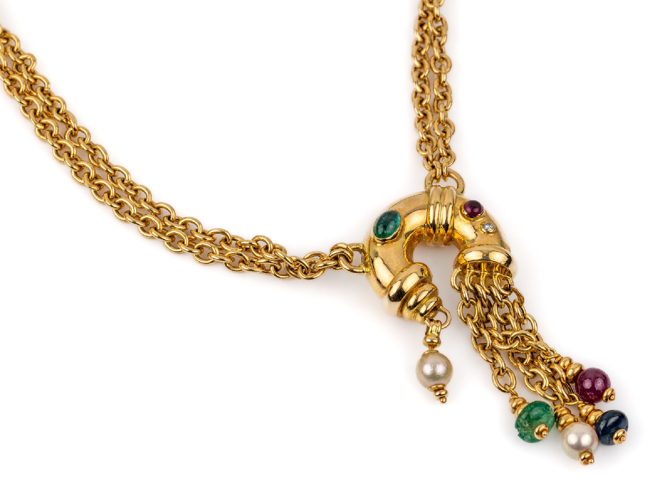 18 kt Gold Farbstein-Zuchtperl-Collier, GG 750/000, Mittelteil mit Abhängung, bes. mit Zuchtperlen, Rubin-, Saphir-, Smaragdkugeln, kl. Diamant, ...