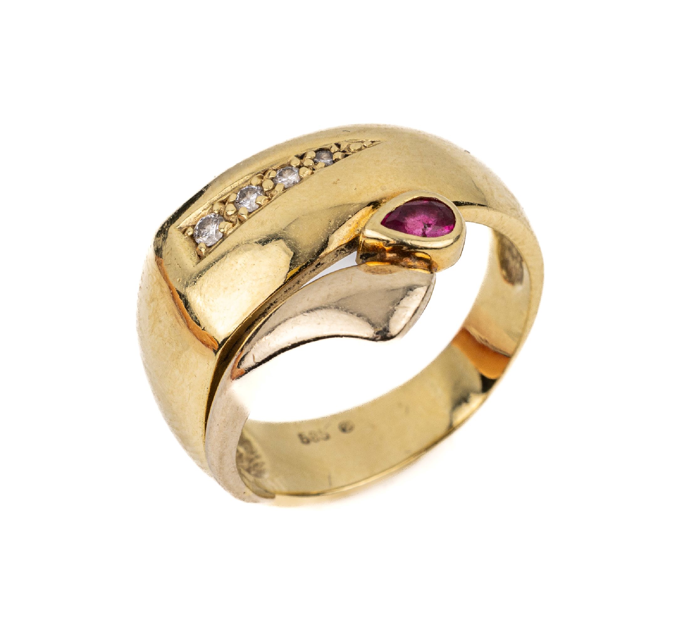 14 kt Gold Rubin Diamant Ring, GG 585/000, stil. Schlangenform, 1 facett. Rubin-Tropfen ca. 0.12 ct, 4 Diamanten zus. ca. 0.07 ct Weiß/si, total ...