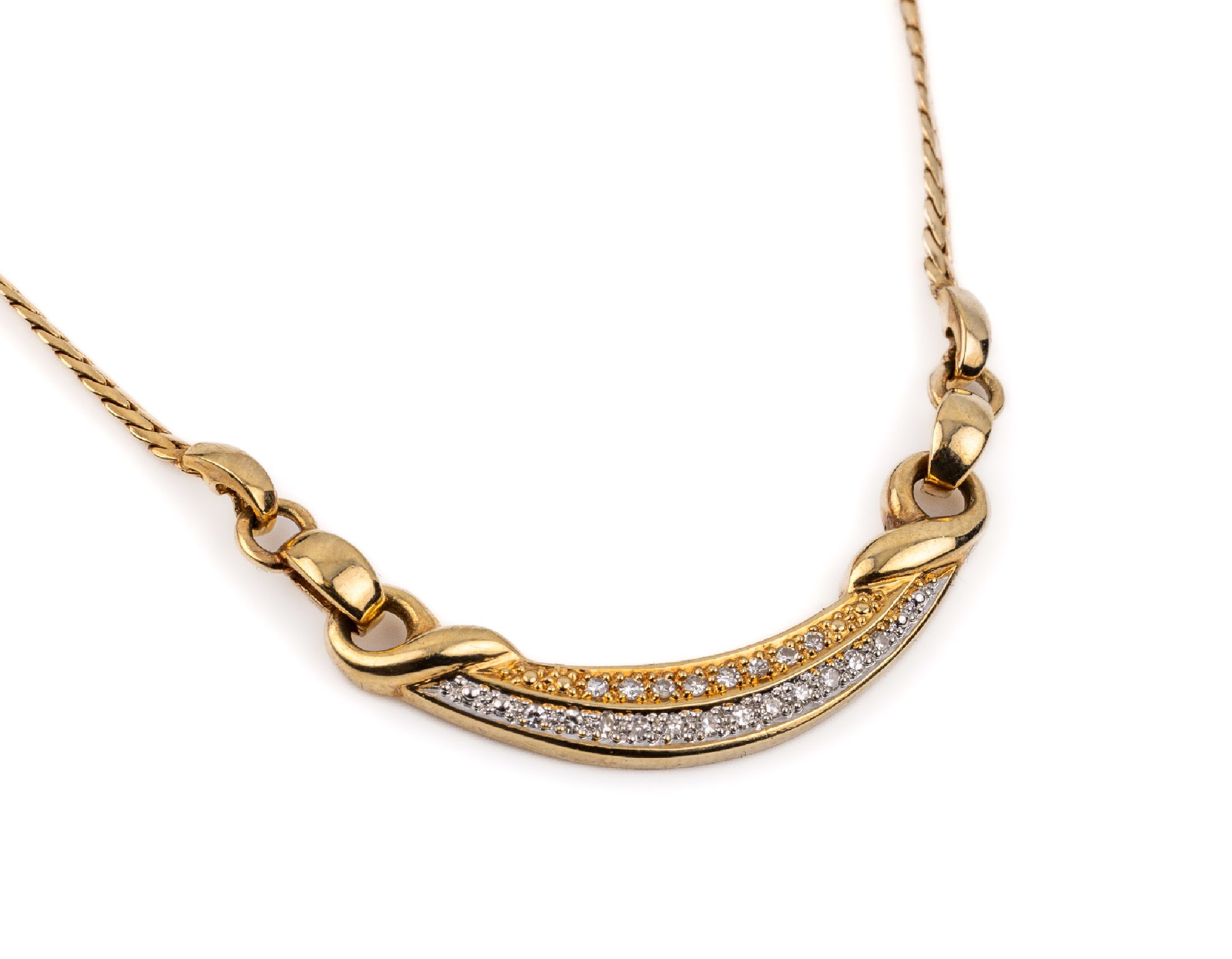 14 kt Gold Diamant Collier, GG 585/000, 20 8/8-Diamanten zus. ca. 0.15 ct Weiß/si, total ca. 8.9 g, L ca. 40 cm, Kastenschloß mit Sicherheitsacht