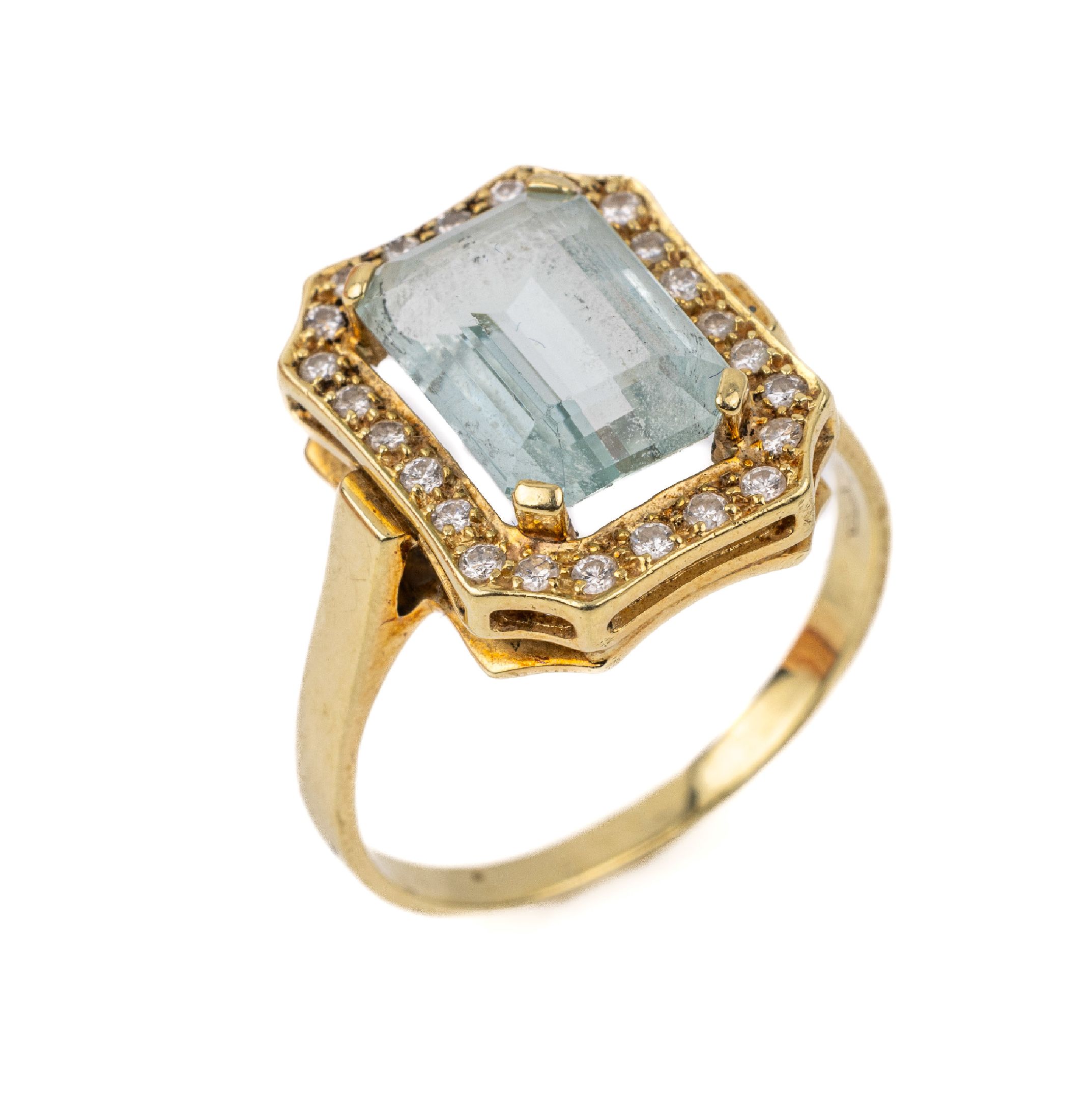 14 kt Gold Aquamarin Brillant-Ring, GG 585/000, 1 Aquamarin ca. 2.20 ct, 22 Brill., zus. ca. 0.24 ct Weiß/si, total ca.4.8 g, RW 60, passend zu ...
