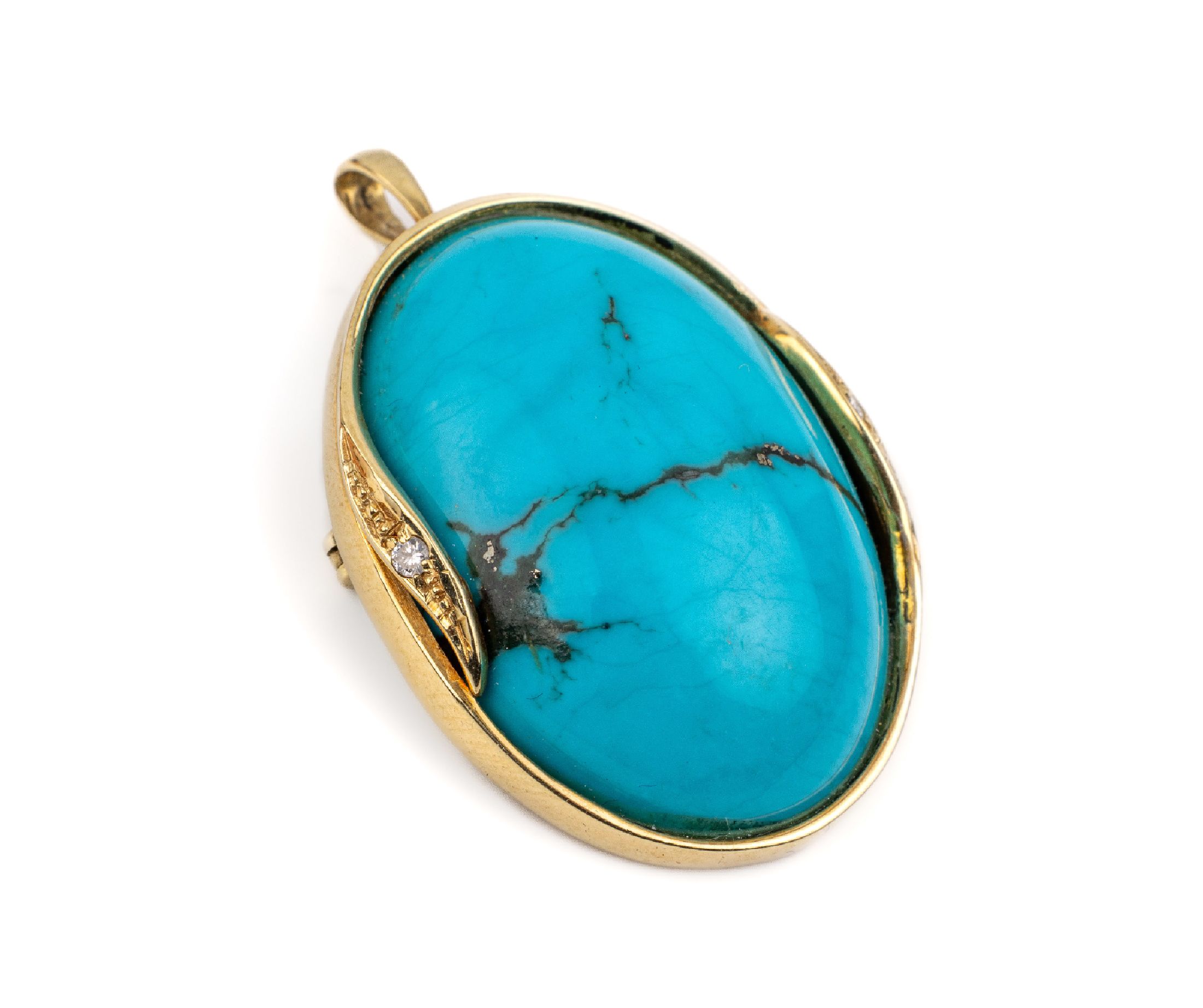 14 kt Gold Türkis Diamant Anhänger, 1 großes Türkis-Matrix-Cabochon ca. 30 x 20 mm, 2 Diam. zus. ca. 0.04 ct Weiß/si, total ca. 11.5 g, kann ...