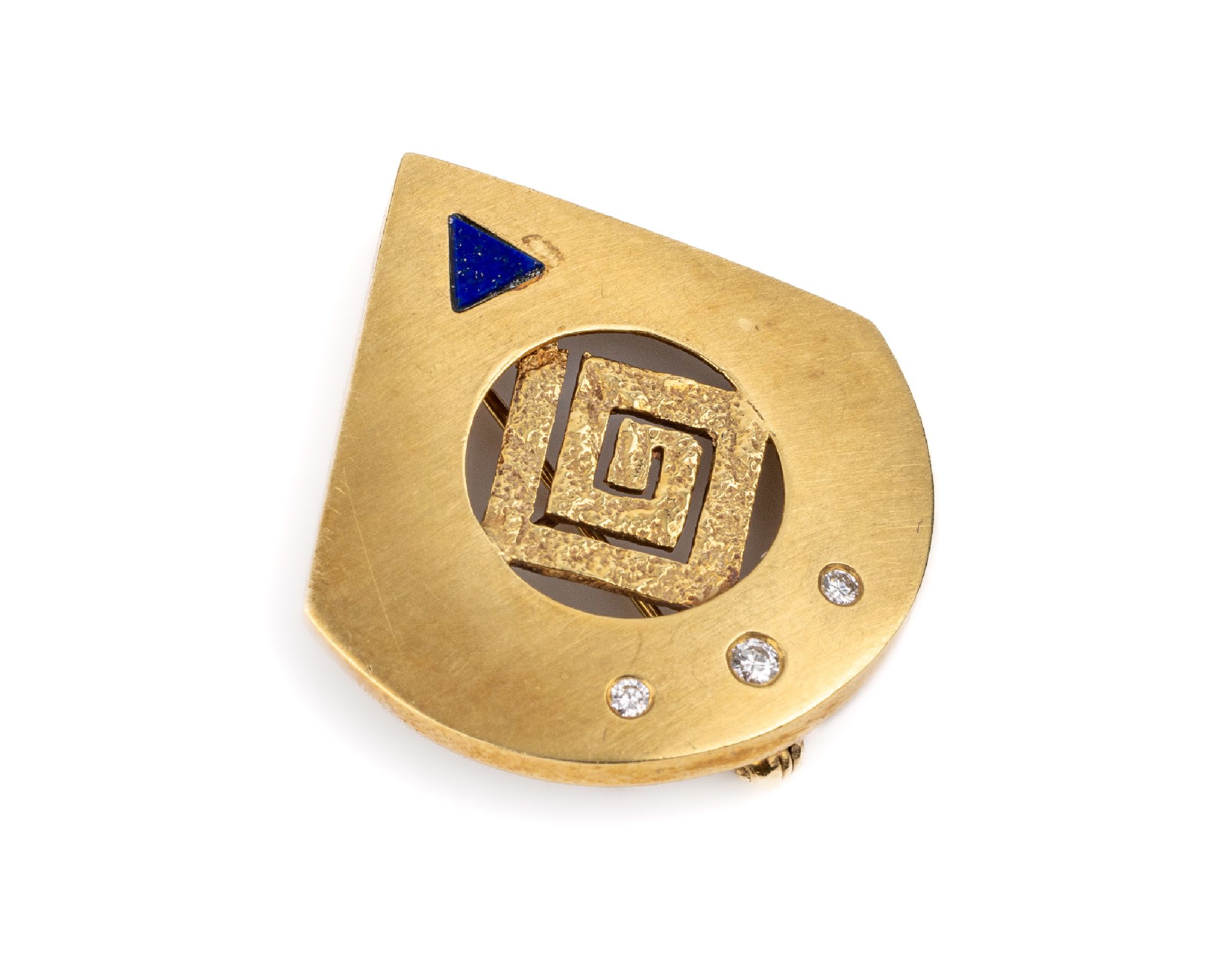 14 kt Gold Brillant Brosche, GG 585/000, 1 Lapislazuli-Dreieck, 3 Brillanten zus. ca. 0.10 ct Weiß/si, ca. 3.5 x 3 cm, total ca. 9.6 g