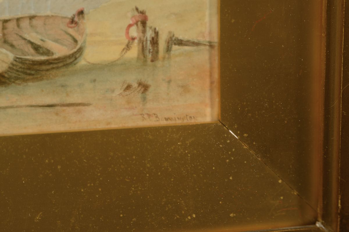 Detail a: Richard Parkes Bonington, 1801 Nottingham-1928 London, Fischerboote am Strand, Fischer mit seinem Kind auf dem Heimweg, Aquarell auf Papier, rechts ...