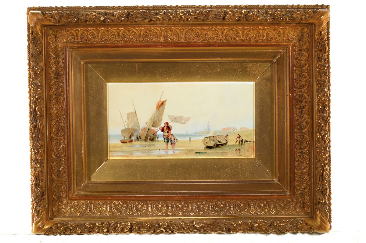 Detail k: Richard Parkes Bonington, 1801 Nottingham-1928 London, Fischerboote am Strand, Fischer mit seinem Kind auf dem Heimweg, Aquarell auf Papier, rechts ...