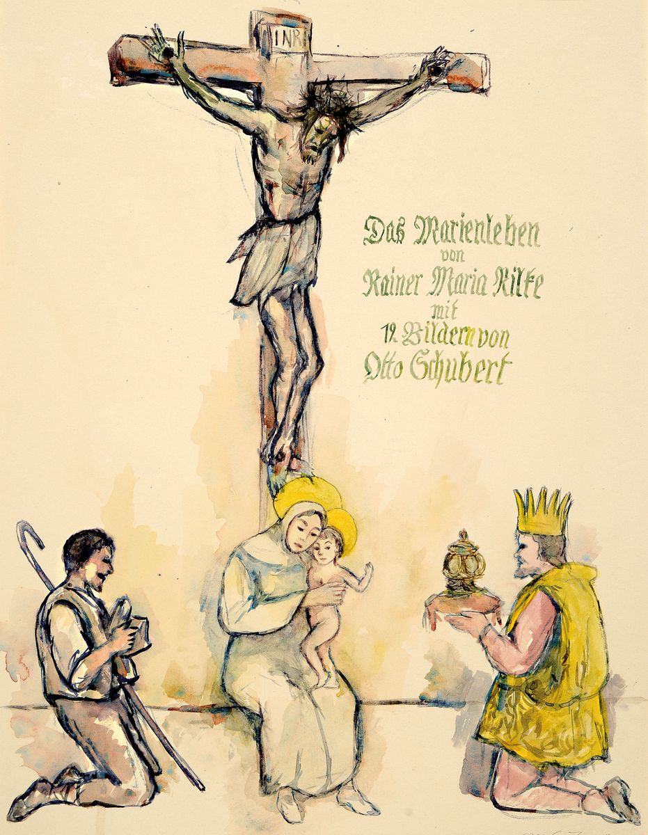 Otto Schubert, 1892-1970, Serie aus 12 Aquarellen (inkl. Deckblatt) zu Rainer Maria Rilke: Das Marienleben, alle handsigniert, in PP, Außenmaße je ...