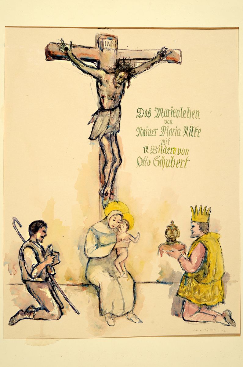 Detail k: Otto Schubert, 1892-1970, Serie aus 12 Aquarellen (inkl. Deckblatt) zu Rainer Maria Rilke: Das Marienleben, alle handsigniert, in PP, Außenmaße je ...