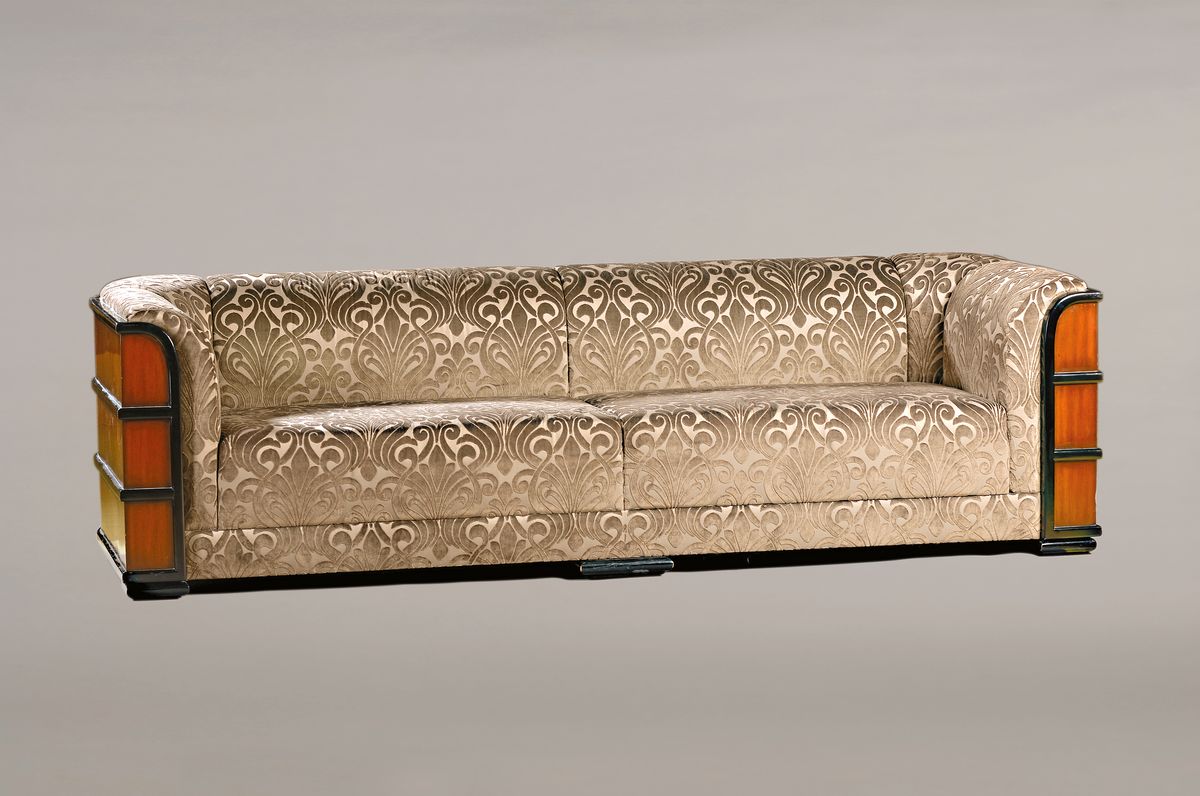 Dreisitzersofa "Chicago", im Art-Deco-Stil, Jansen Furniture, Niederlande, nach 1981, Mahagony, violettgraue Samtbezüge, ca. 71 x 253 x 93 ...