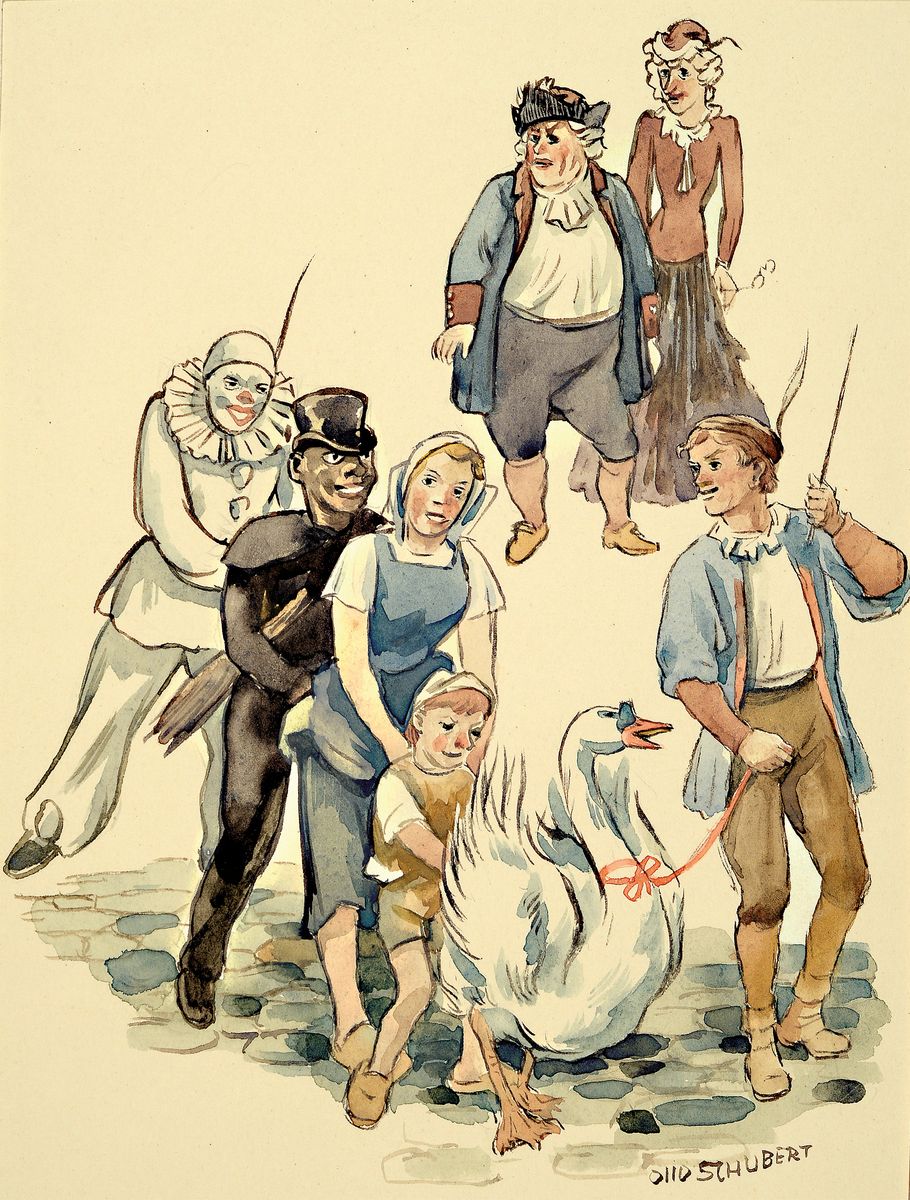 Otto Schubert, 1892-1970, Serie aus 7 Aquarellen zum Kinderbuch die Goldene Gans, teils handsigniert, in PP, Außenmaße je ca. 37x26cm