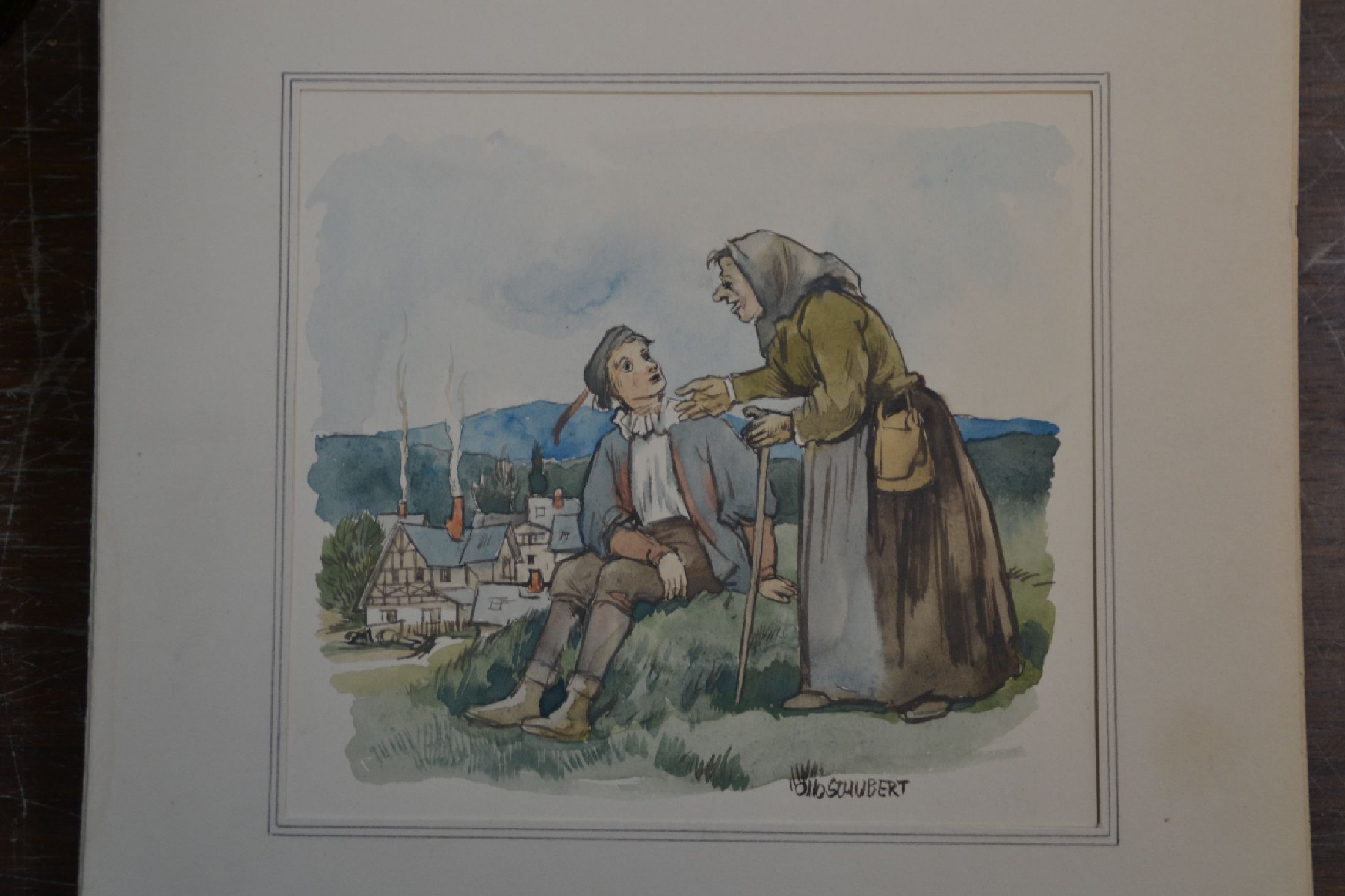 Detail c: Otto Schubert, 1892-1970, Serie aus 7 Aquarellen zum Kinderbuch die Goldene Gans, teils handsigniert, in PP, Außenmaße je ca. 37x26cm