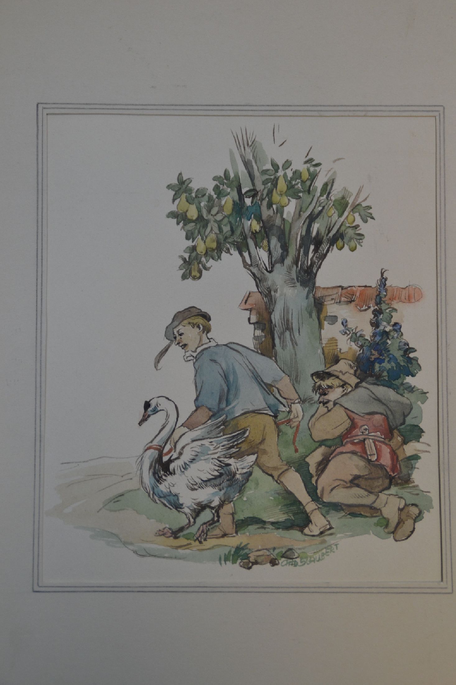 Detail d: Otto Schubert, 1892-1970, Serie aus 7 Aquarellen zum Kinderbuch die Goldene Gans, teils handsigniert, in PP, Außenmaße je ca. 37x26cm