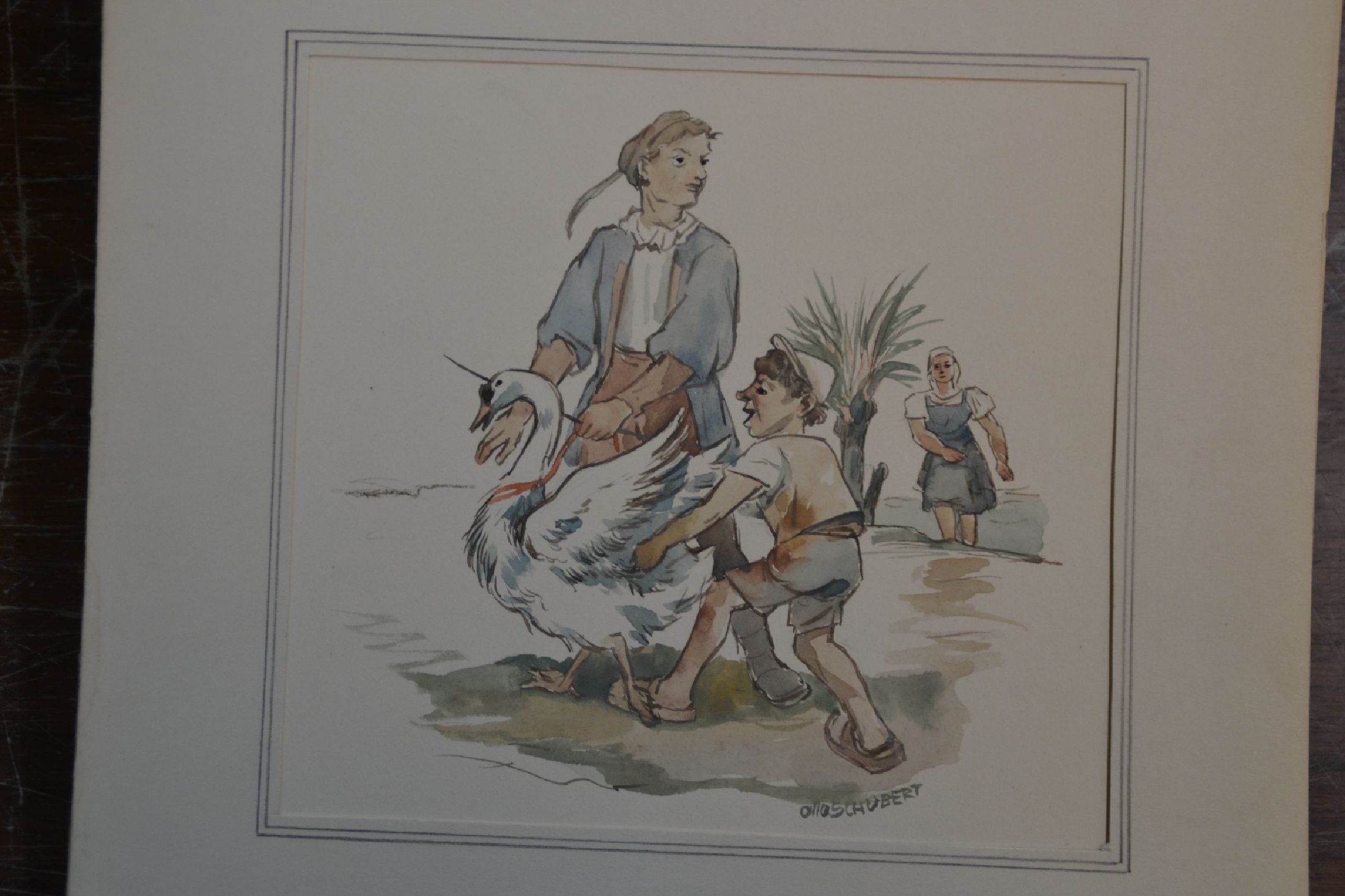 Detail e: Otto Schubert, 1892-1970, Serie aus 7 Aquarellen zum Kinderbuch die Goldene Gans, teils handsigniert, in PP, Außenmaße je ca. 37x26cm