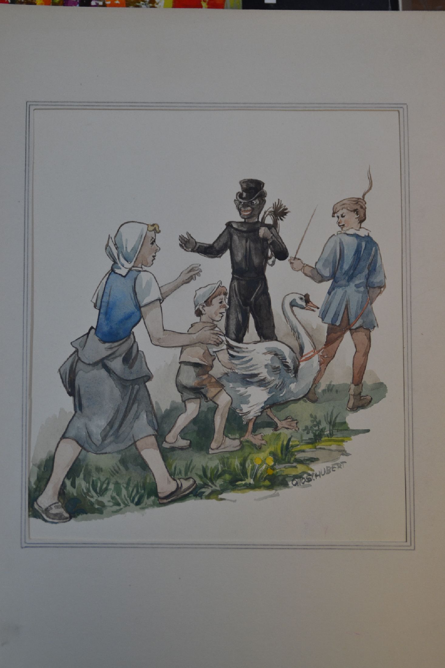 Detail f: Otto Schubert, 1892-1970, Serie aus 7 Aquarellen zum Kinderbuch die Goldene Gans, teils handsigniert, in PP, Außenmaße je ca. 37x26cm