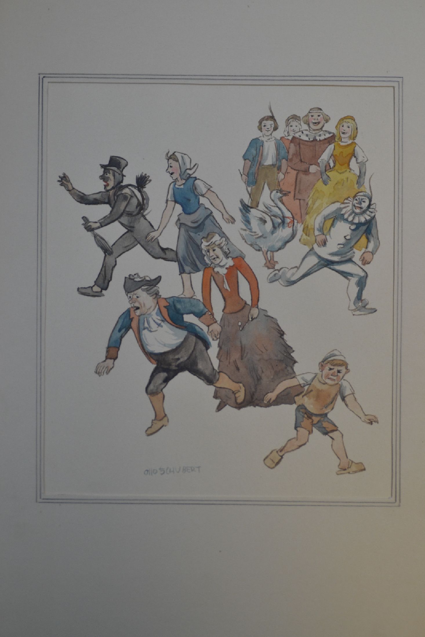 Detail g: Otto Schubert, 1892-1970, Serie aus 7 Aquarellen zum Kinderbuch die Goldene Gans, teils handsigniert, in PP, Außenmaße je ca. 37x26cm