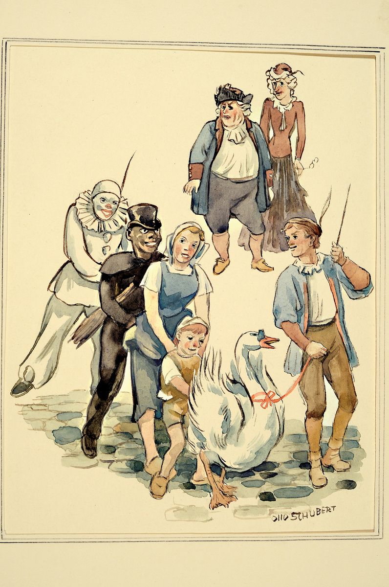 Detail k: Otto Schubert, 1892-1970, Serie aus 7 Aquarellen zum Kinderbuch die Goldene Gans, teils handsigniert, in PP, Außenmaße je ca. 37x26cm