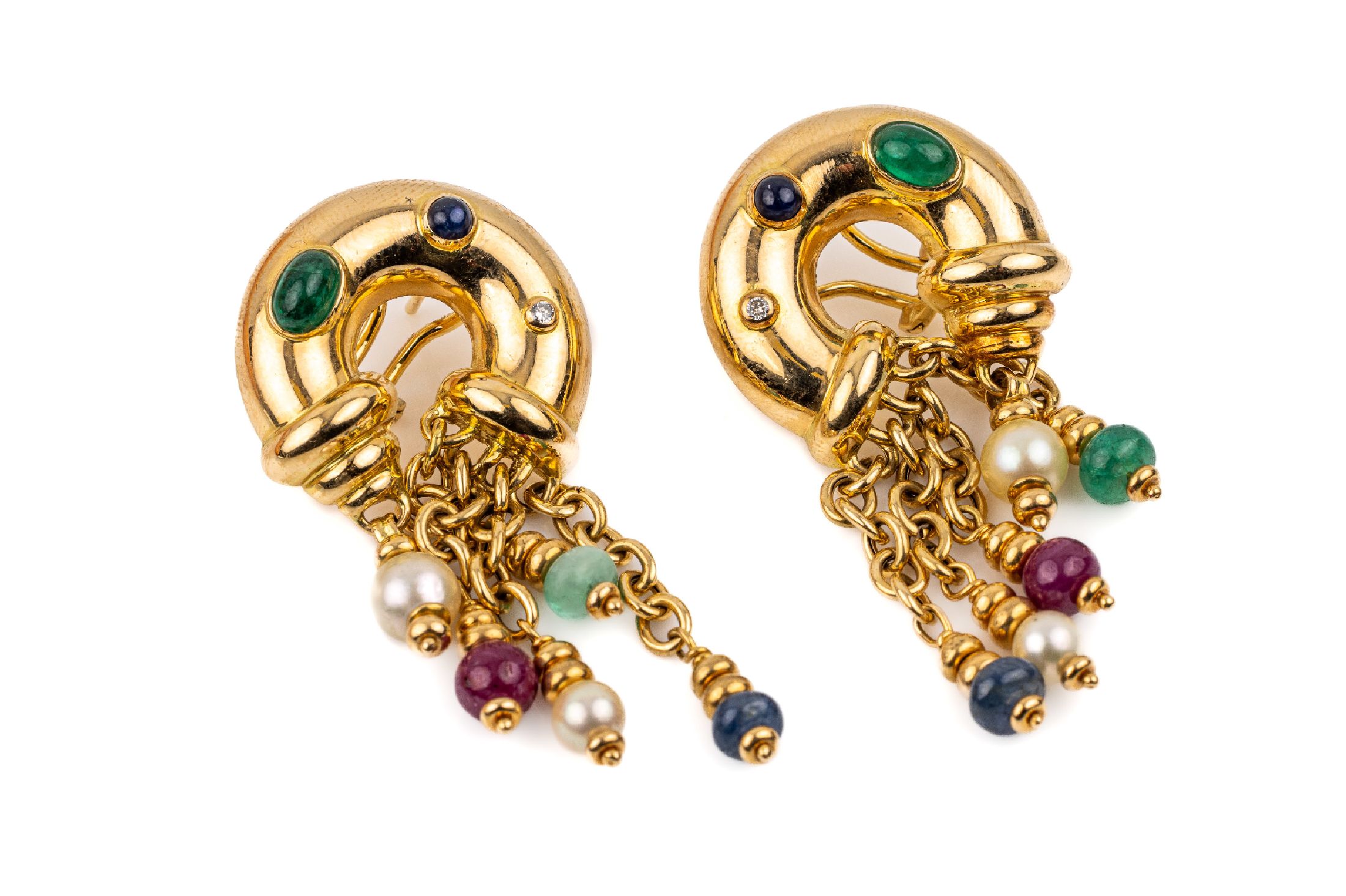 18 kt Gold Farbstein-Zuchtperl-Ohrstecker, GG 750/000, Abhängung an Kettengliedern mit Zuchtperlen, Rubin-, Saphir-, Smaragdkugel, kl. Diamant, ...