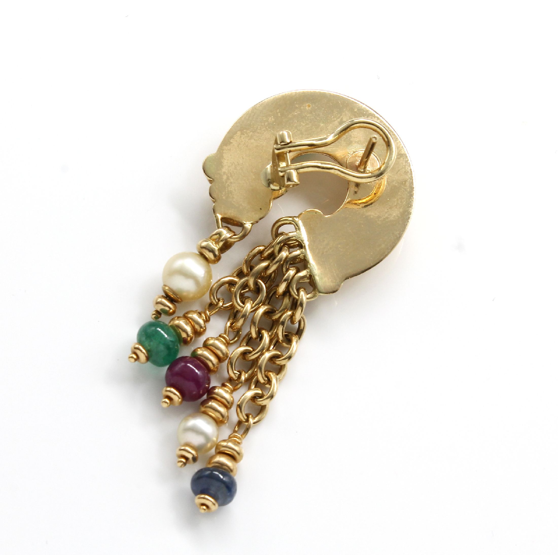 Detail a: 18 kt Gold Farbstein-Zuchtperl-Ohrstecker, GG 750/000, Abhängung an Kettengliedern mit Zuchtperlen, Rubin-, Saphir-, Smaragdkugel, kl. Diamant, ...