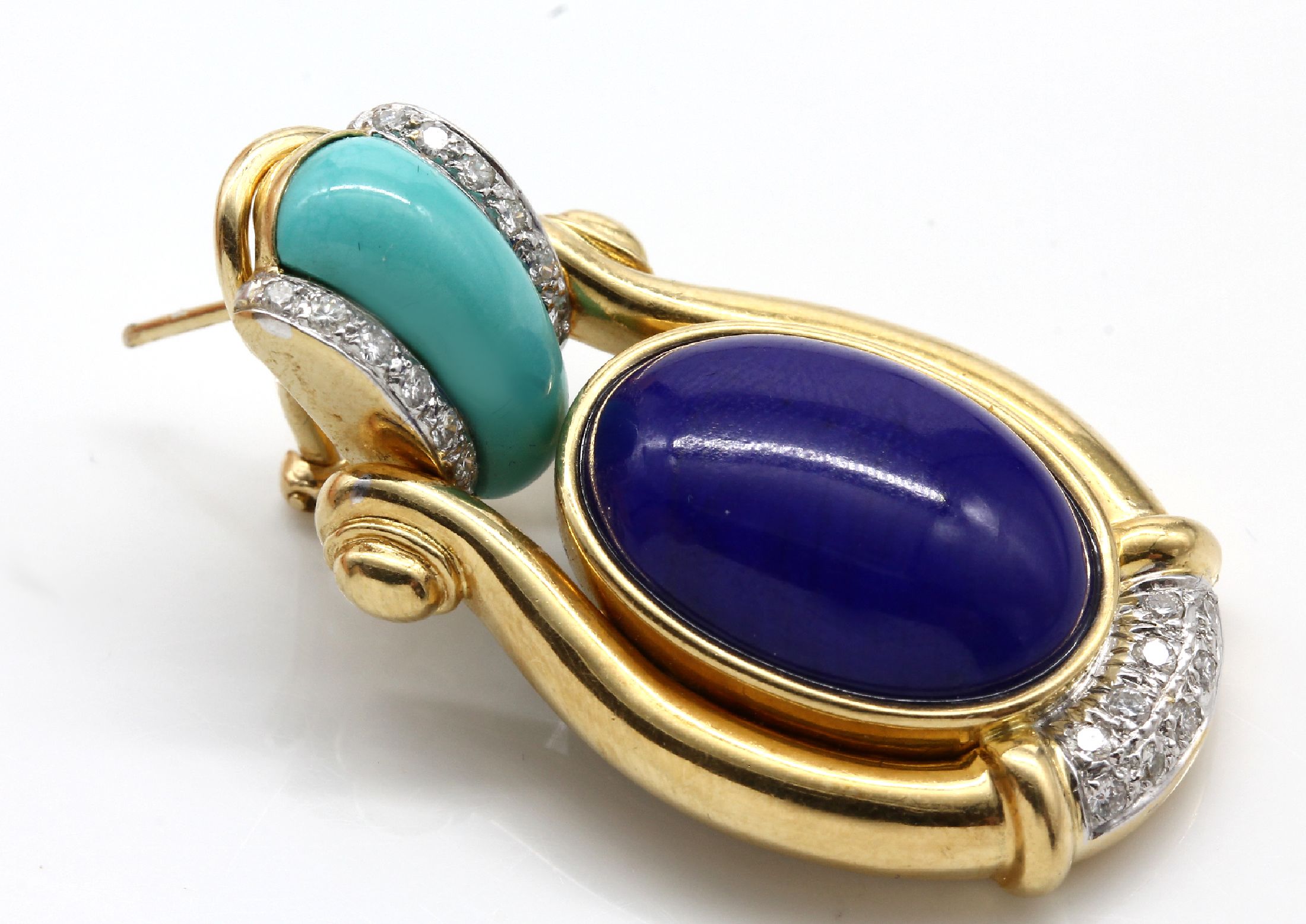 Detail a: Paar 18 kt Gold Farbstein-Brillant-Ohrstecker, GG/WG 750/000, 2 Lapislazulicabochons, 2 Türkiselemente, insges. 46 Brillanten in WG gefasst zus. ca. ...
