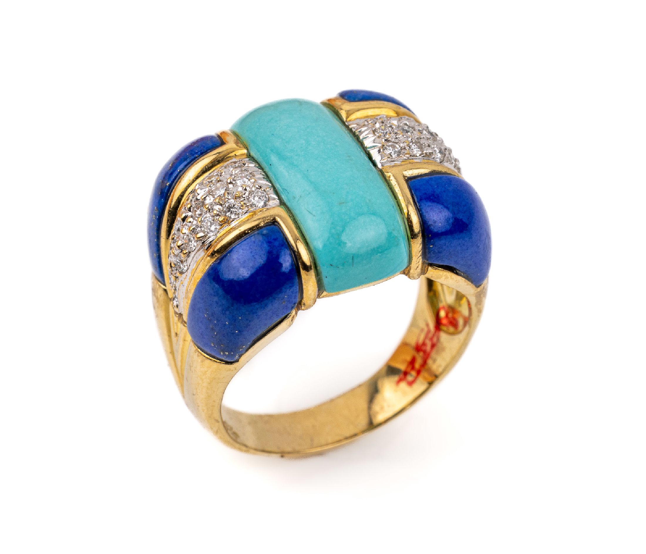 18 kt Gold Farbstein-Brillant-Ring, GG 750/000, eingeschliffene Türkis- u. Lapislazulielemente, 30 Brillanten in WG gefasst zus. ca. 0.36 ct ...