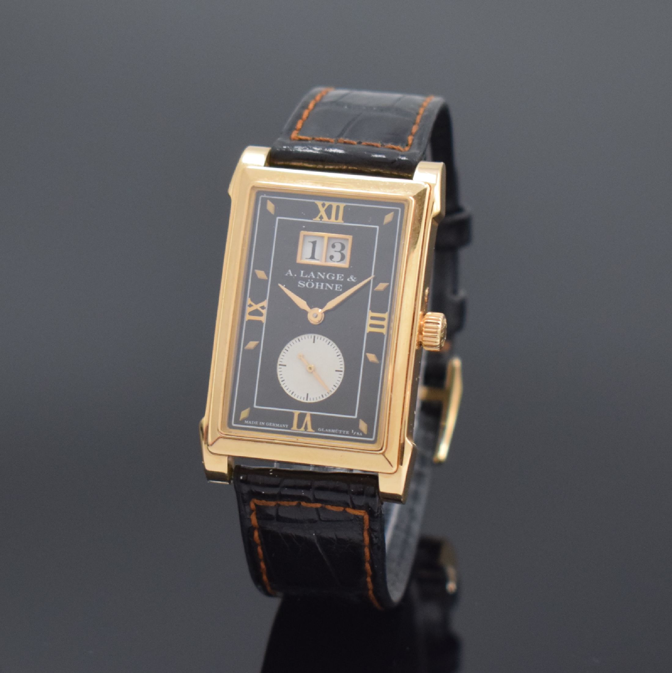 A. LANGE & SÖHNE feine Herrenarmbanduhr Cabaret Referenz 107.031 in RoseG 750/000, Deutschland um 2000, Handaufzug, 2-teiliges, beids. vergl. ...