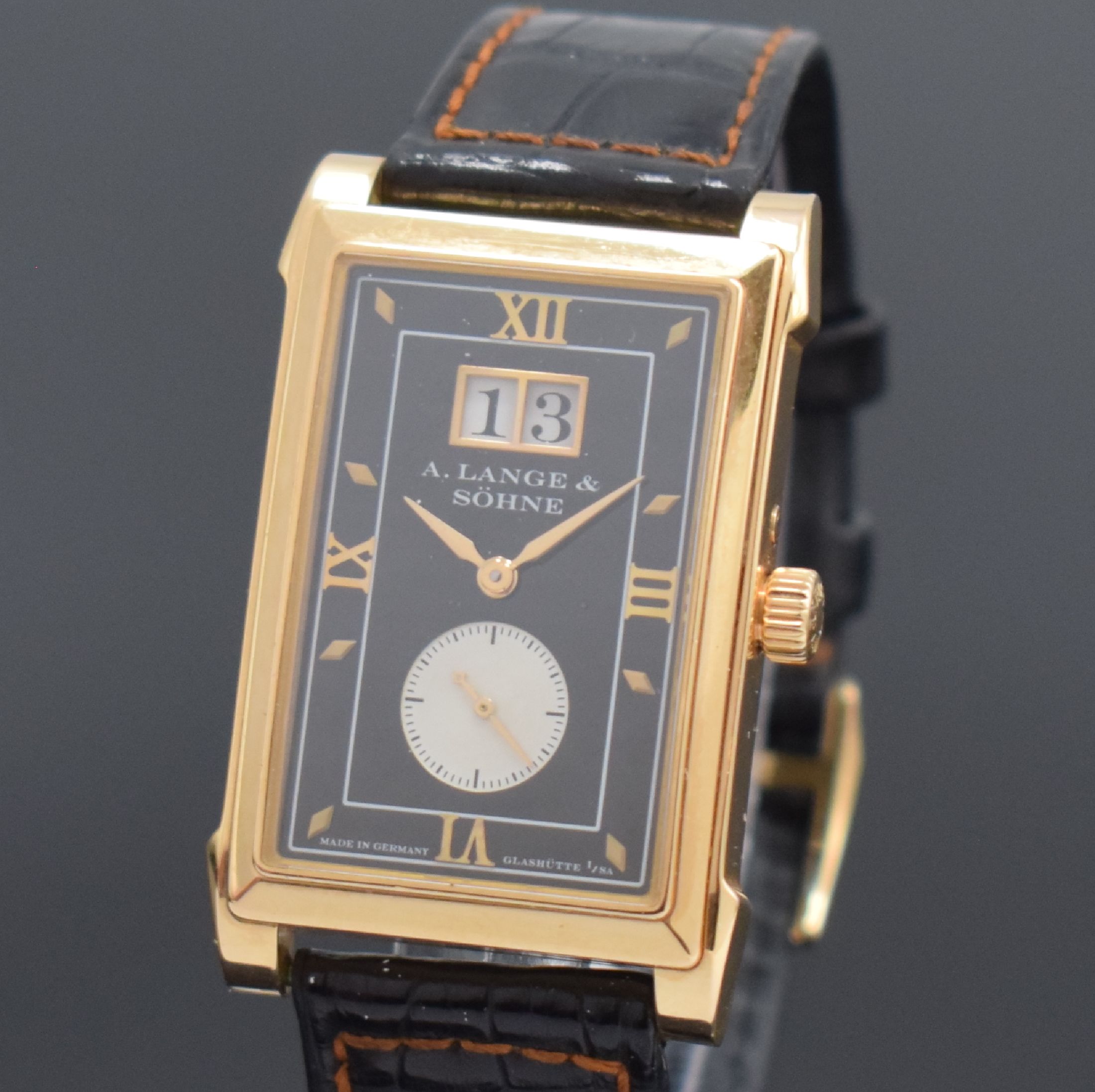 Detail a: A. LANGE & SÖHNE feine Herrenarmbanduhr Cabaret Referenz 107.031 in RoseG 750/000, Deutschland um 2000, Handaufzug, 2-teiliges, beids. vergl. ...