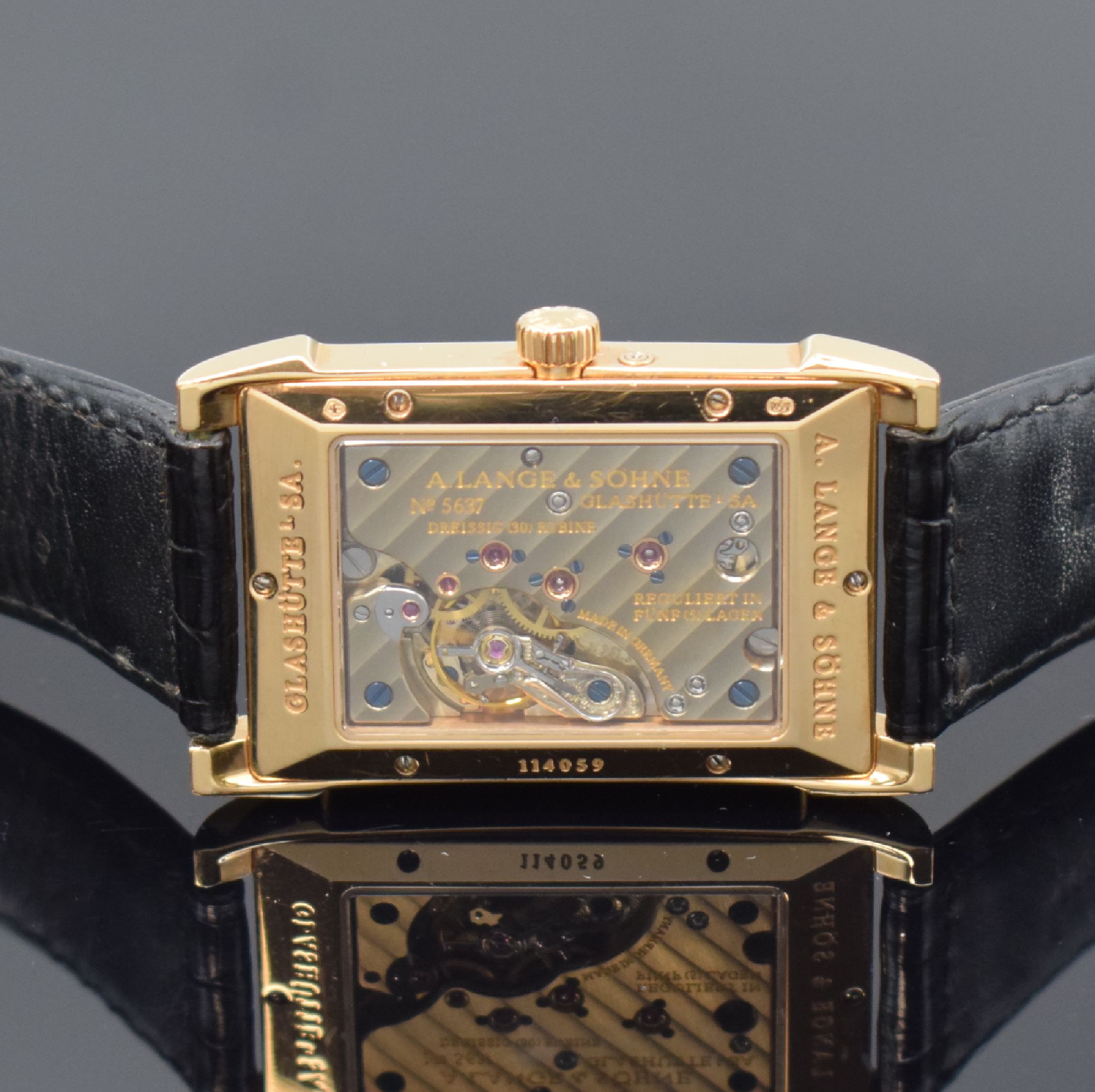 Detail f: A. LANGE & SÖHNE feine Herrenarmbanduhr Cabaret Referenz 107.031 in RoseG 750/000, Deutschland um 2000, Handaufzug, 2-teiliges, beids. vergl. ...