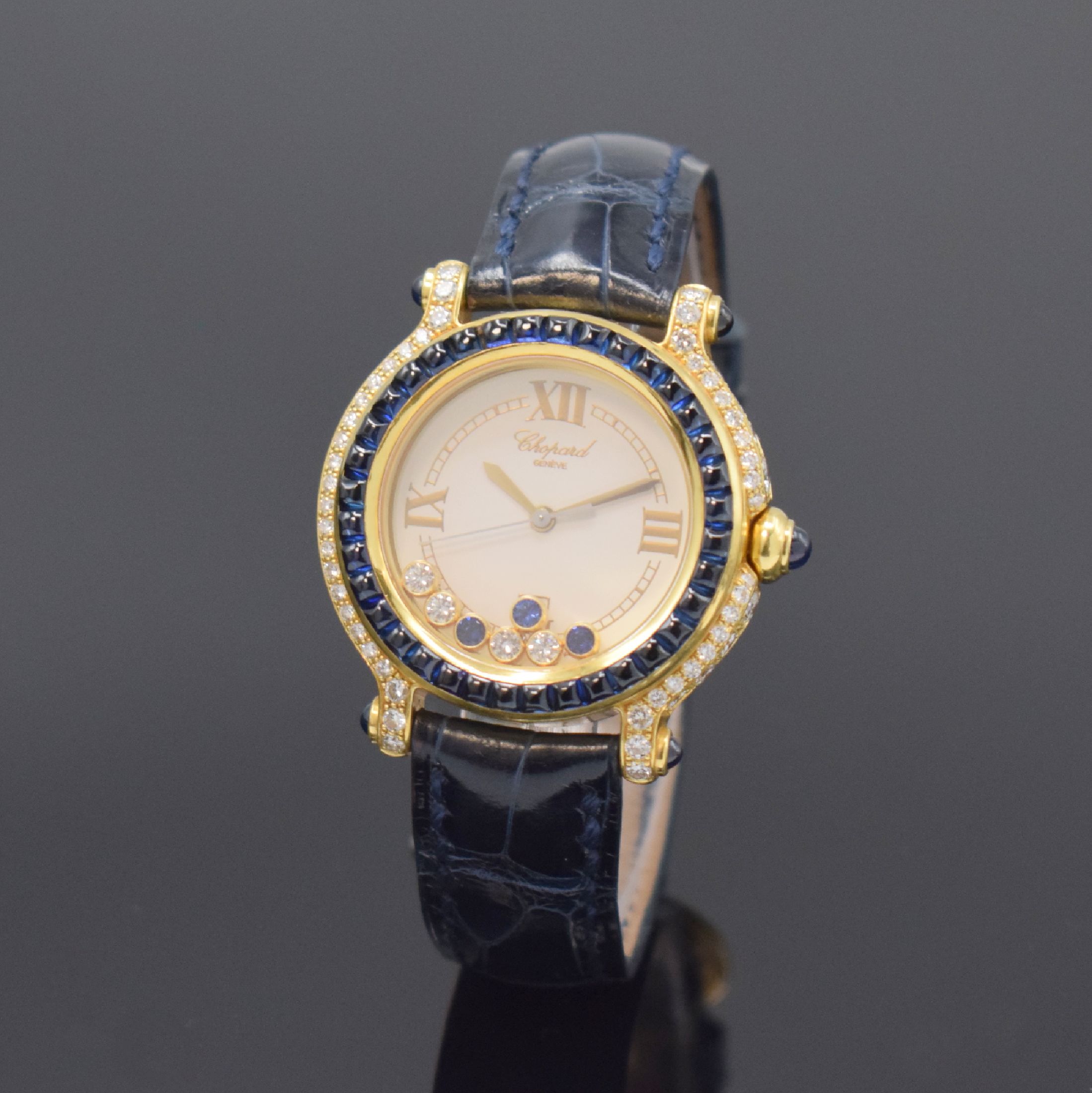 CHOPARD Happy Sport Damenarmbanduhr in GG 750/000 Referenz 27/6195-23 mit Brillanten und Saphiren, Schweiz um 2000, quarz, 3-teil. Gehäuse, Boden ...
