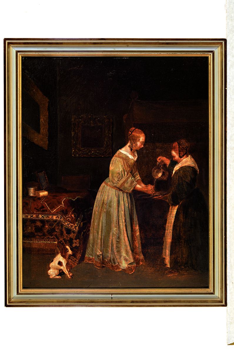 Detail k: Unbekannter Künstler, 2. Hälfte 19. Jh., Interieur mit junger Frau und ihrer Magd beim Hände waschen, seitlich kleiner Hund, nach Gerard Terborch ...