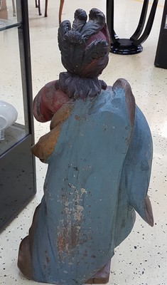 26697026d - Saint figure, South German, around 1800, carved lime wood and painted in multiple colors, age range, height approx. 80cm, dynamic representation of the moving cloak