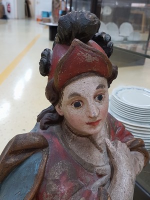 26697026e - Saint figure, South German, around 1800, carved lime wood and painted in multiple colors, age range, height approx. 80cm, dynamic representation of the moving cloak