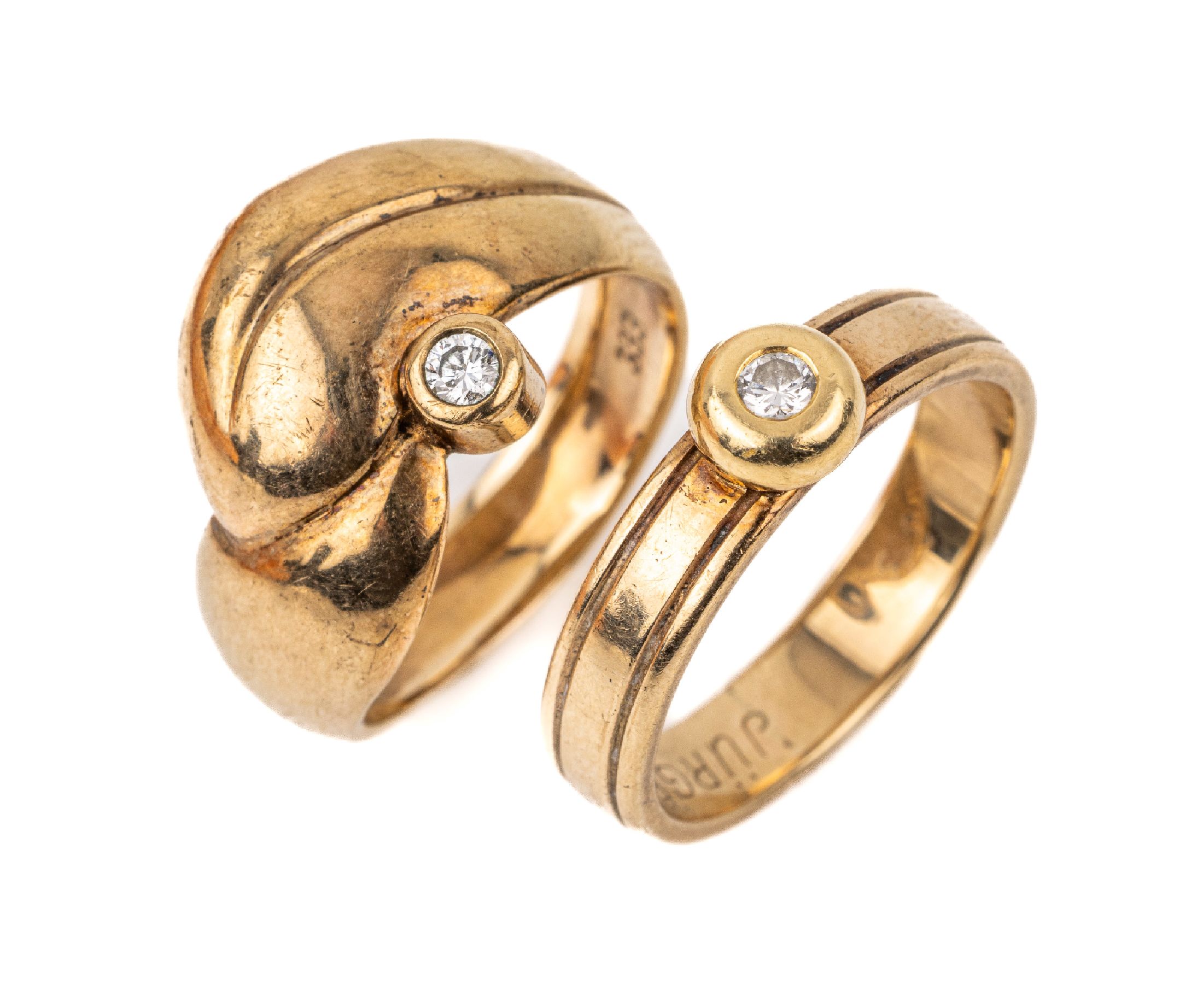 Konvolut 2 8 kt Gold Brillant-Ringe, GG 333/000, 1x Brillant ca. 0.07 ct Weiß/si RW 63, innen grav. mit Jürgen, 1x Brillant ca.0.07 ct Weiß/si, ...