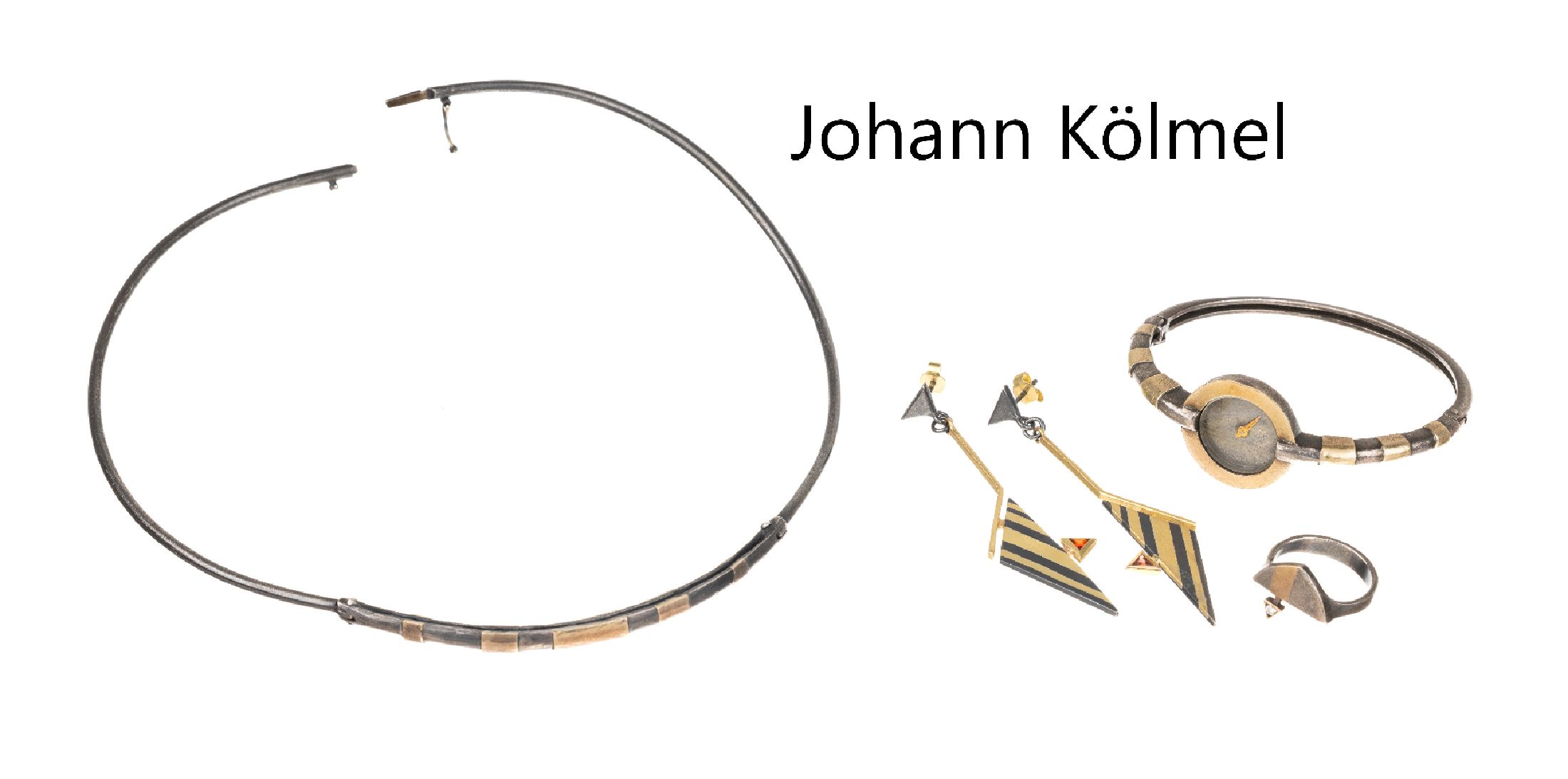 Schmuckset, Design JOHANN KÖLMEL KARLSRUHE, 925er Silber und GG 750/000, best. aus: Collier, Spangenuhr, Paar Ohrgehänge und Ring, Collierl. D ca. ...