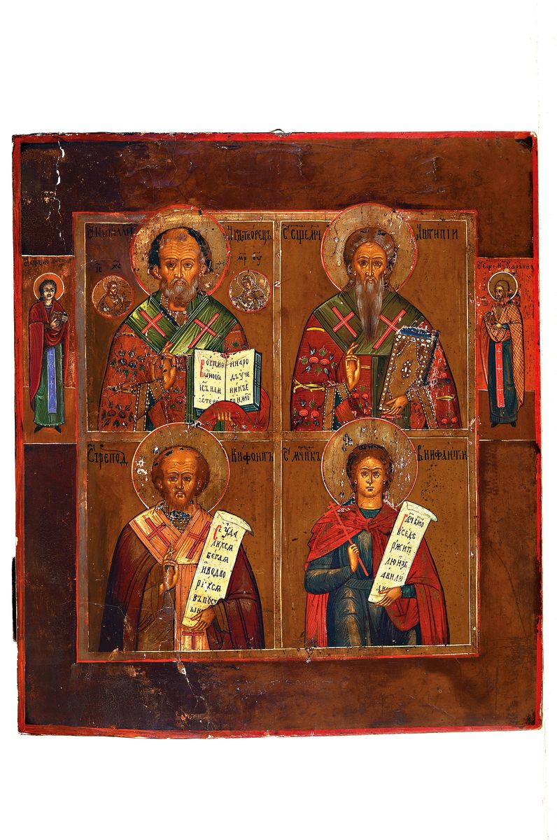 Detail k: Vierfelderikone der Evangelisten, Russland, 19.Jh., Tempera auf Holz, stärkere Oberflächenschäden, rest., 35x31 cm