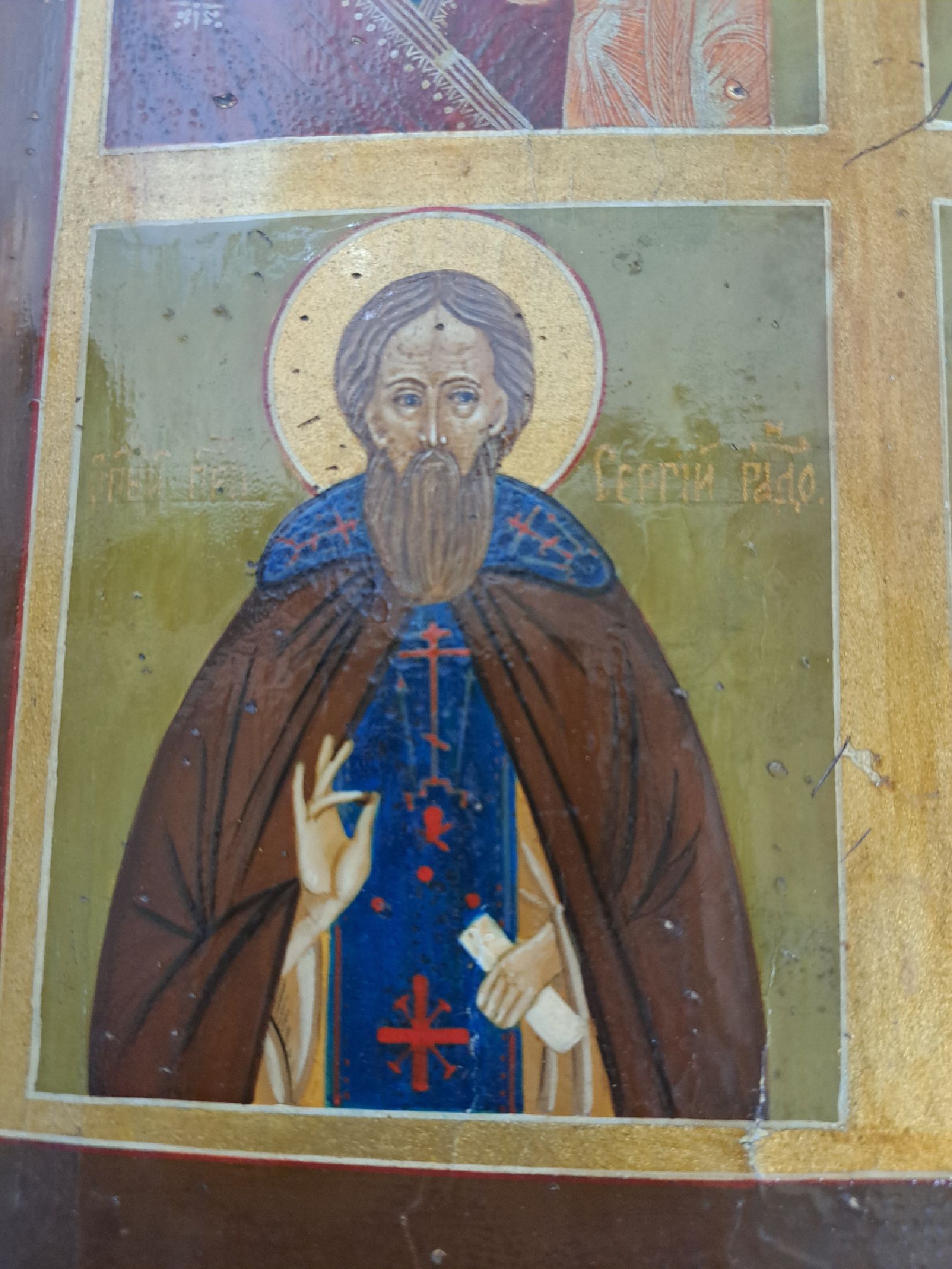 Detail f: Vierfelderikone, Russland, 20.Jh., Tempera auf Holz, Vier Felder mit Marienikone, Patriarch, Heiligem und Vera Icon, Alterssp., 31x26 cm