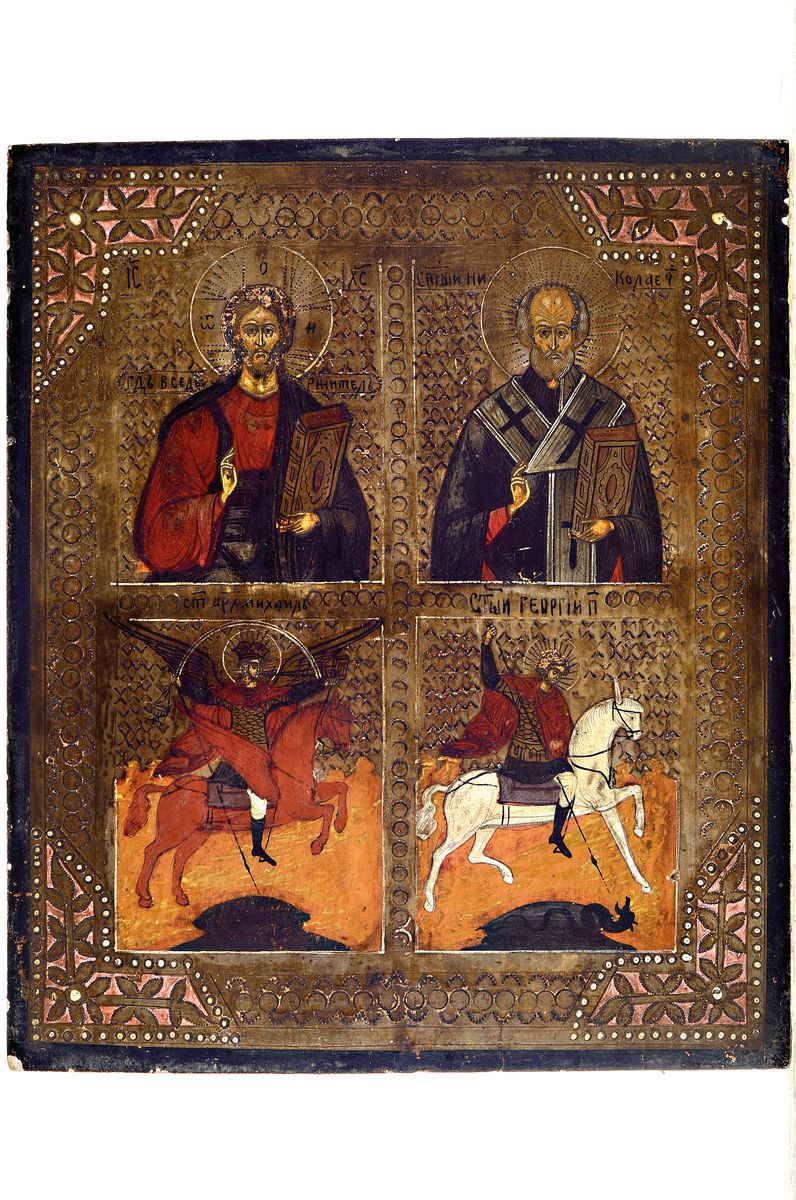 Detail k: Vierfelderikone, Russland, 20.Jh., Tempera auf Holz, Christus Erlöser, Petrus, Erzengel Gabriel und Hl. Georg, Alterssp., l. best., 31x26 cm