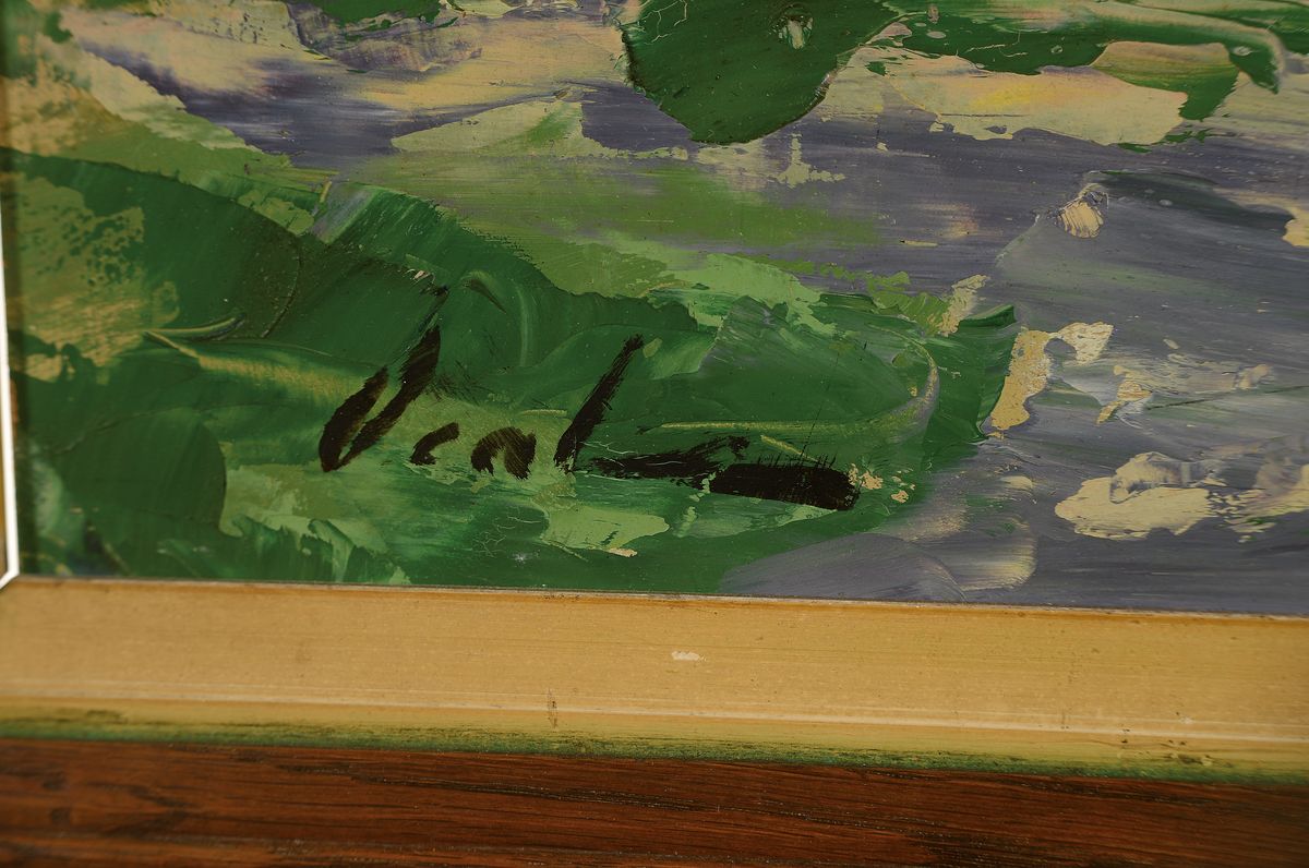 Detail a: Hayward Veal, 1913 Eaglemont/Australien - 1968, sonnenbeschienene Dorfstraße, Öl/Malkarton, links unten signiert, 60x49 cm, Rahmen 80x68cm; Studium ...