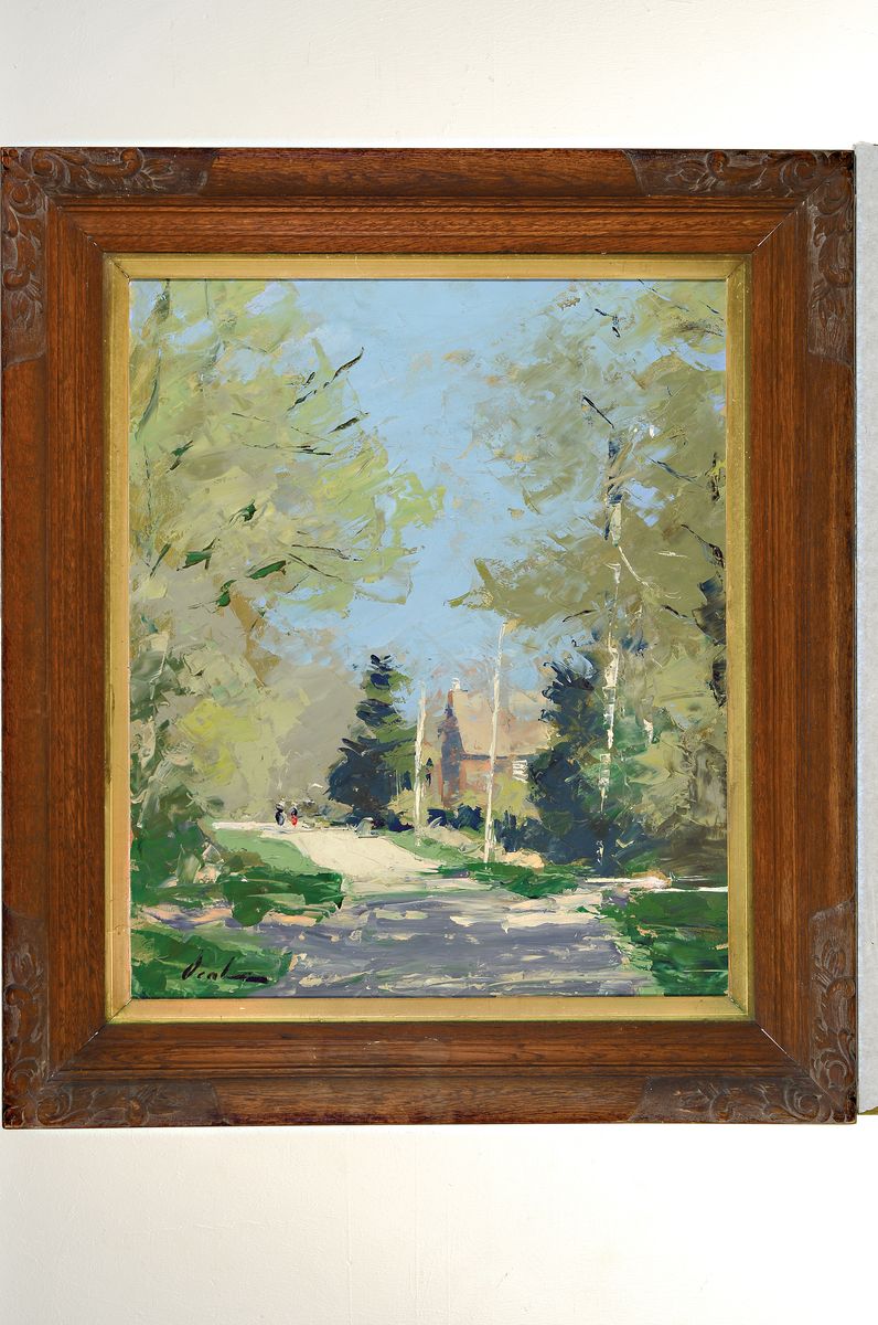 Detail k: Hayward Veal, 1913 Eaglemont/Australien - 1968, sonnenbeschienene Dorfstraße, Öl/Malkarton, links unten signiert, 60x49 cm, Rahmen 80x68cm; Studium ...