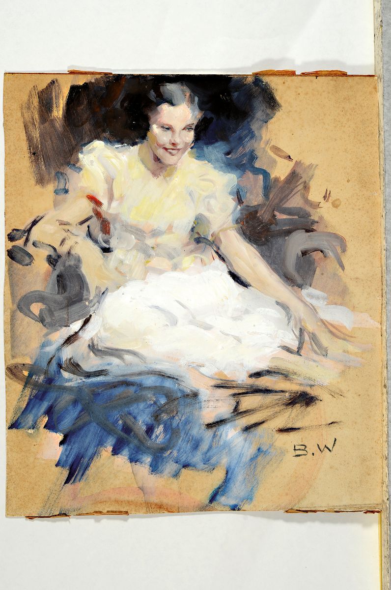 Detail k: Brynolf Wennerberg, 1866 Otterstad/Schweden - 1950 Bad Aibling, tanzende Columbina bzw. junge Frau im weißen Kleid, für Wennerberg typ. Lächeln, ...