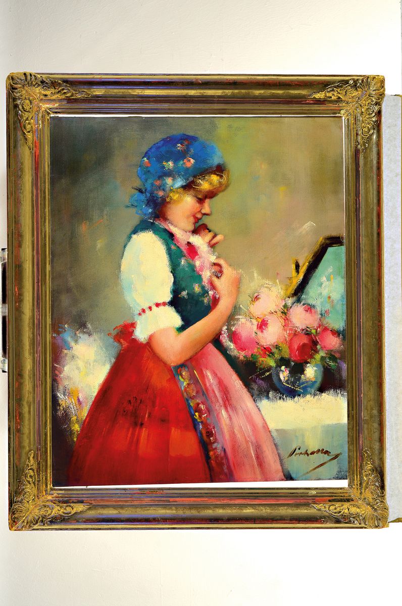 Detail k: Unbekannter Künstler, um 1900, Mädchen in Tracht vor einem Blumenstrauß, Öl/ Lwd, doubl., rechts unten unleserlich sign., ca. 67x53cm, R. (etwas ...