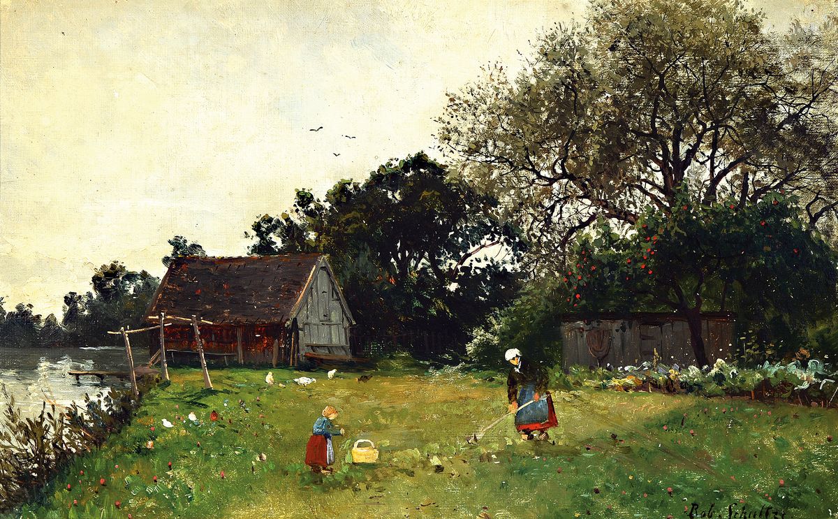 Rob. Schultz, deutsch um, 1900, bäuerliche Landschaft mit Bäuerin und Mädchen am Fluss, Öl/Platte, re. u. signiert, min. besch., ca. 32 x 50 cm, ...