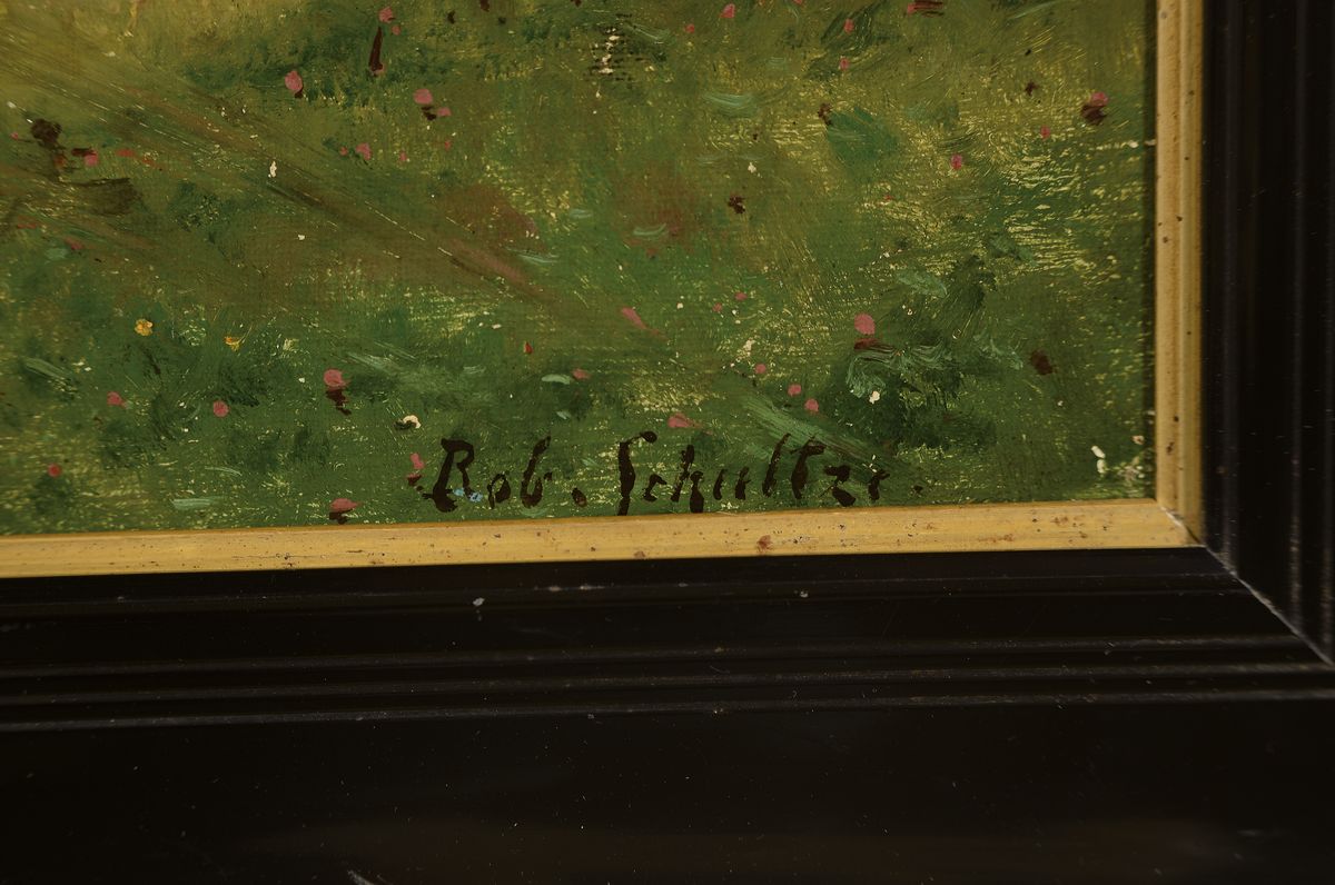 Detail a: Rob. Schultz, deutsch um, 1900, bäuerliche Landschaft mit Bäuerin und Mädchen am Fluss, Öl/Platte, re. u. signiert, min. besch., ca. 32 x 50 cm, ...