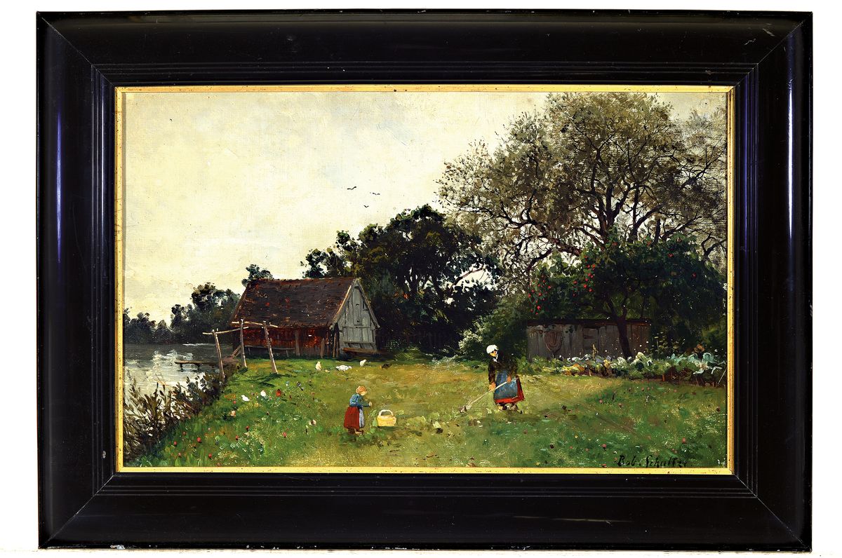 Detail k: Rob. Schultz, deutsch um, 1900, bäuerliche Landschaft mit Bäuerin und Mädchen am Fluss, Öl/Platte, re. u. signiert, min. besch., ca. 32 x 50 cm, ...